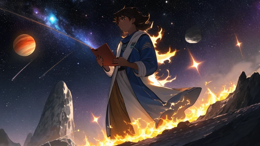 Desenhe um jovem programador sentado em uma plataforma de pesquisa flutuante, in the middle of an asteroid belt. He's studying with a laptop, surrounded by several asteroids glowing with auras of fire. The dramatic illumination of distant stars and planets illuminates the scene, casting deep shadows on the costume. O jovem parece confiante e determinado, looking at the vast and mysterious universe with wonder and respect, barba, Tiroteio de Cowboy, Sad looking into space, e sozinho