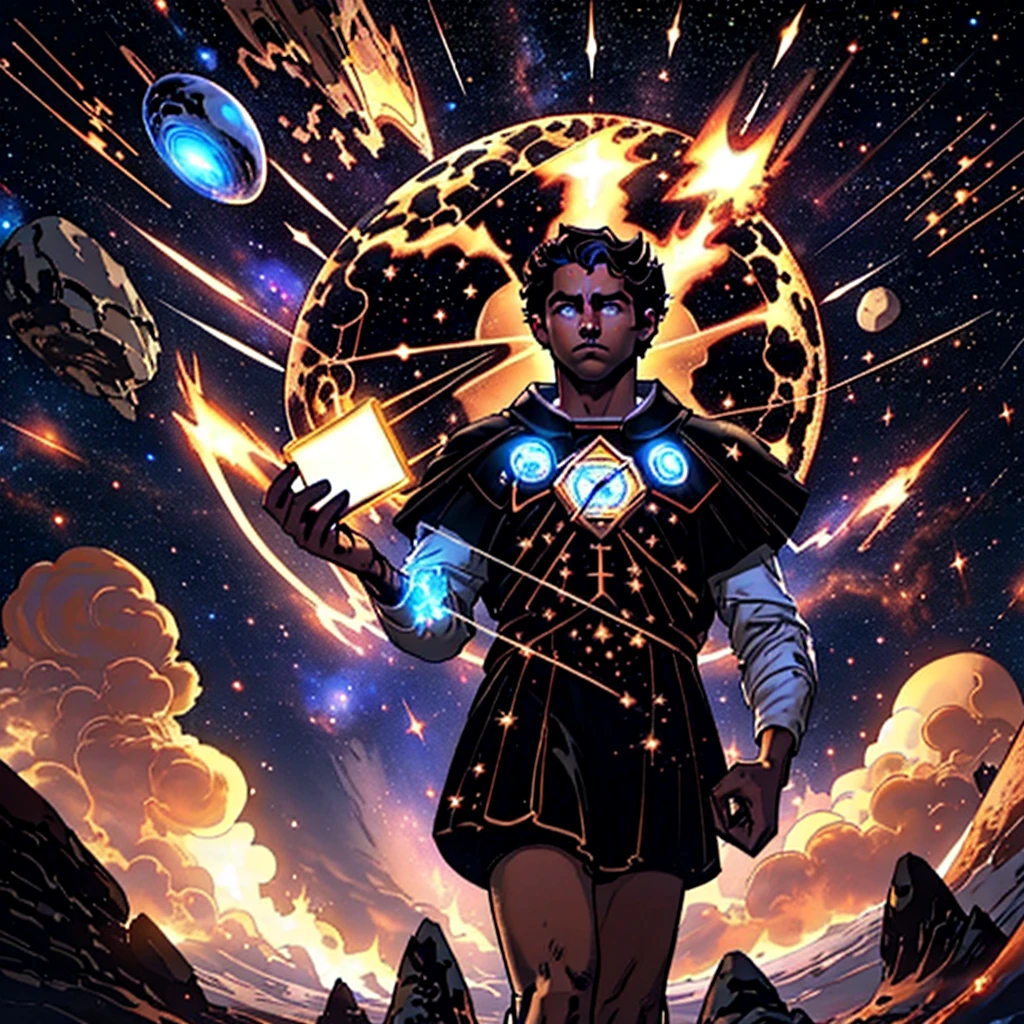 Desenhe um jovem programador sentado em uma plataforma de pesquisa flutuante, in the middle of an asteroid belt. He's studying with a laptop, surrounded by several asteroids glowing with auras of fire. The dramatic illumination of distant stars and planets illuminates the scene, casting deep shadows on the costume. O jovem parece confiante e determinado, looking at the vast and mysterious universe with wonder and respect, barba, Tiroteio de Cowboy, Sad looking into space, e sozinho