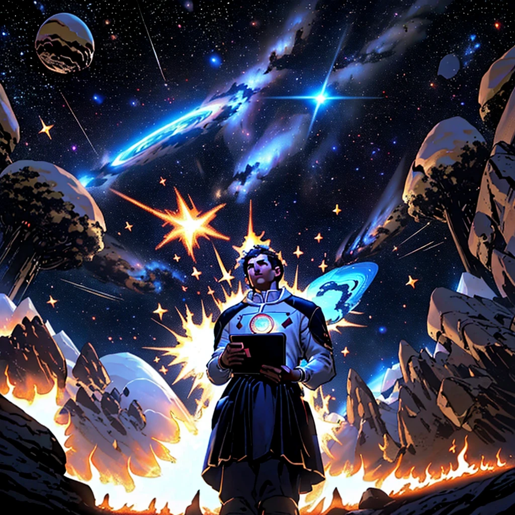Desenhe um jovem programador sentado em uma plataforma de pesquisa flutuante, in the middle of an asteroid belt. He's studying with a laptop, surrounded by several asteroids glowing with auras of fire. The dramatic illumination of distant stars and planets illuminates the scene, casting deep shadows on the costume. O jovem parece confiante e determinado, looking at the vast and mysterious universe with wonder and respect, barba, Tiroteio de Cowboy, Sad looking into space, e sozinho