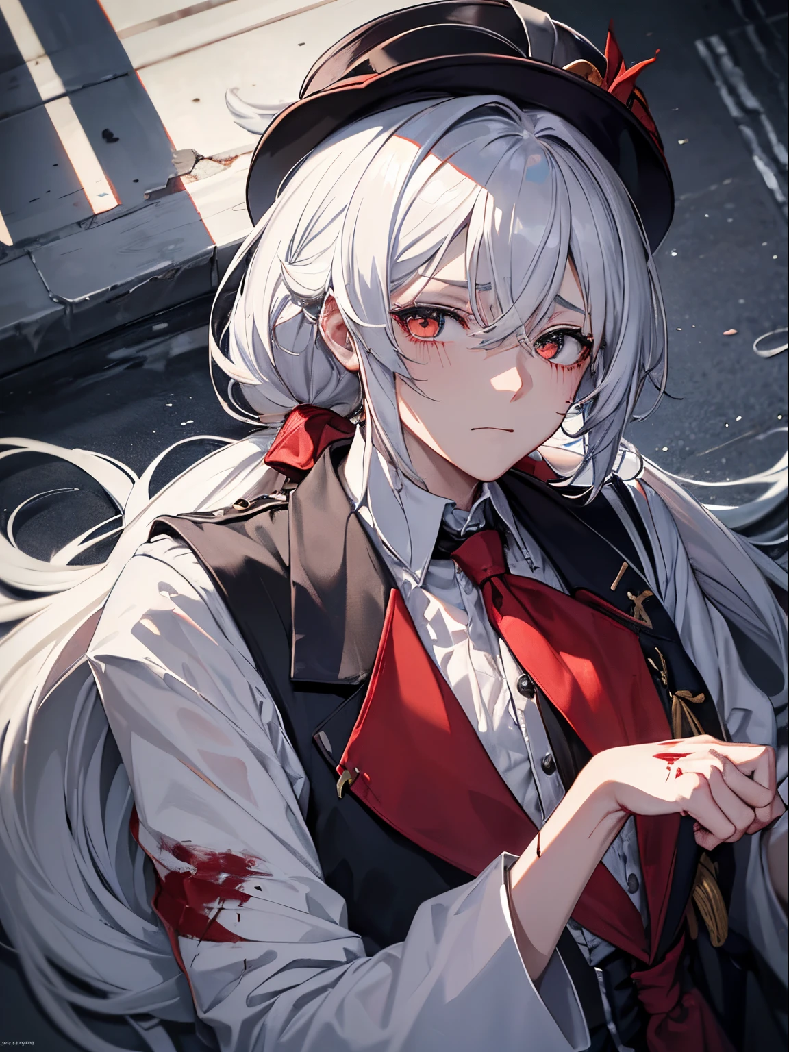 （masutepiece）（high-detail）（Angle from above）male in his 20s、white  hair、poneyTail、tailcoat、neck tie、The hat is falling off、Blood on face and body、injury、Clothes are slightly torn、asphalt、lying back on、Bandages on the arm、Expression of melancholy、very heavy rain、dark backgrounds