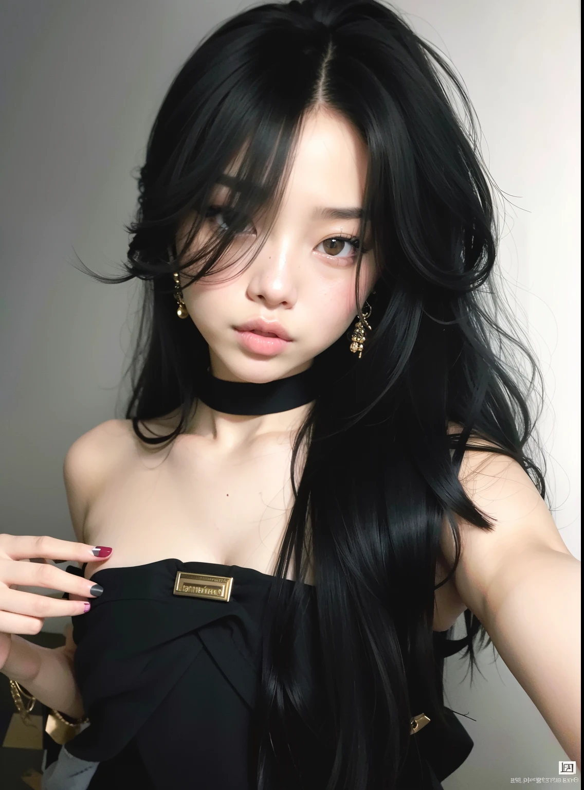 um close up de uma mulher com longos cabelos pretos usando um estrangulamento, Ulzzang, cruel korean goth girl, menina coreana, Mulher sul-coreana bonita, linda mulher coreana jovem, jennie blackpink, Retrato Jisoo Blackpink, wan adorable korean face, cabelos pretos longos ondulados, Ela tem cabelo preto com franja, mulher coreana jovem bonita, cabelo ondulado preto com franja, selfie
