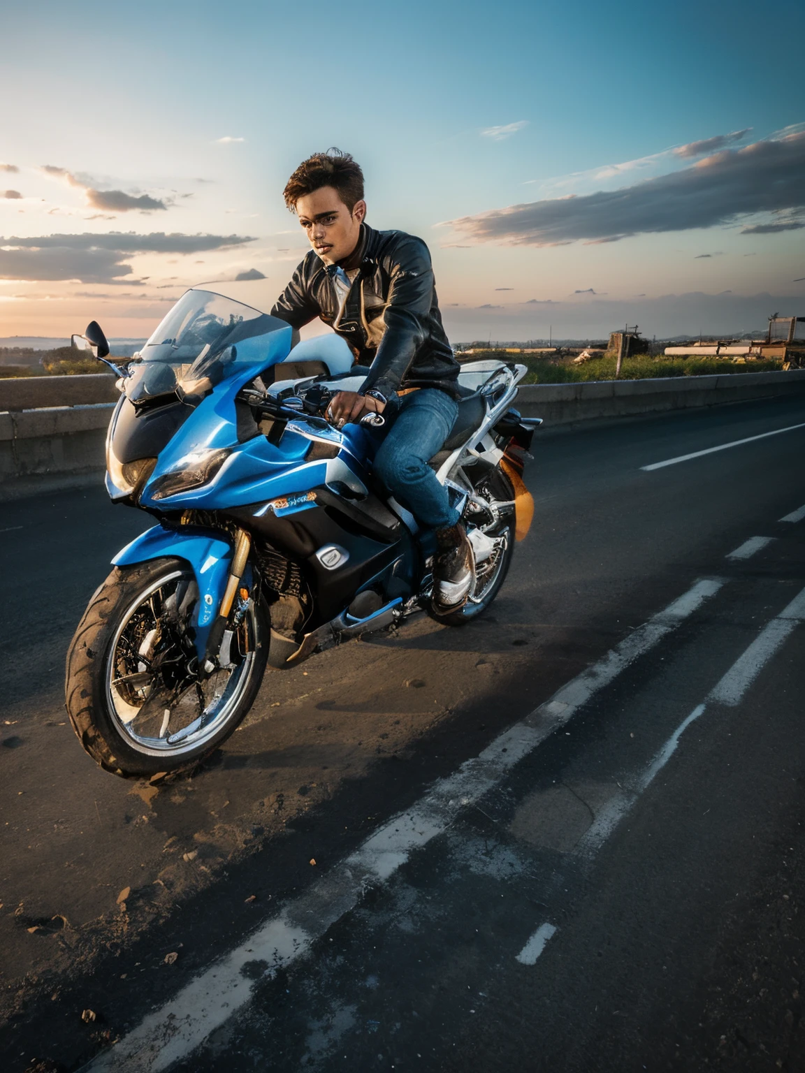 Realistic rider, cool riding, reall face, change location to sanset background, smart boy bright face, Blue bike, spotty look highway