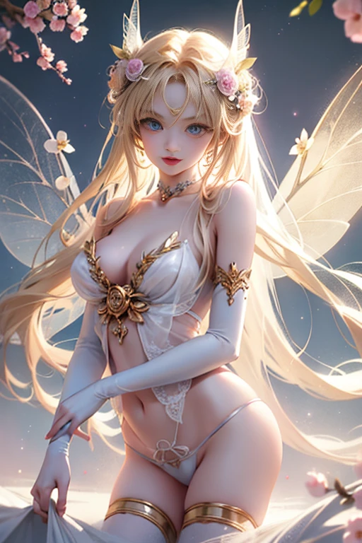 head to thigh, wearing edgHL, 1 girl, blue eyes, long blonde hair, long eyelash, fairy wings, high detailed skin, [Russian|japanese] Flower Fairy, naked, smile, white laced panties, high quality, Volumetric lighting, A high resolution, Soft lighting, Transparent feather drop effect, Spring flower utopia