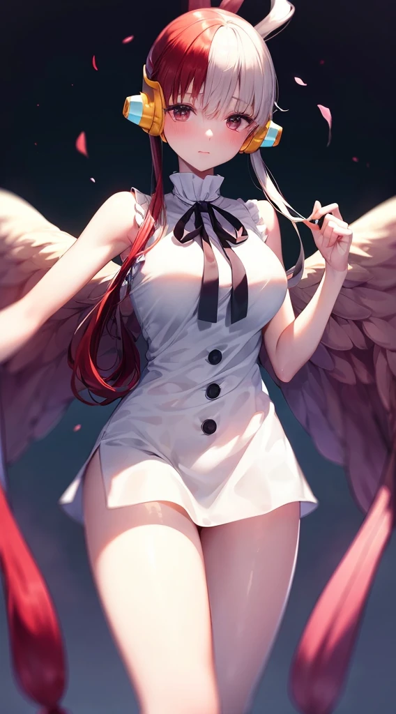 masutepiece、Best Quality、hight resolution、tre anatomically correct、white dres、a black ribbon、Short miniskirt、(Vibrant colors:1.2)、(masterpiece:2.0)、onepiece、Uta、left red hair、right gray hair、(((Not wearing pants)))、divine spirit、Flushed cheeks、Beautiful girl in every detail、Body shining with sweat、Wet、Seductive thighs、sexy pose、(round breasts:1.5)、Perfect style、Slimed、open one's legs、Open your crotch