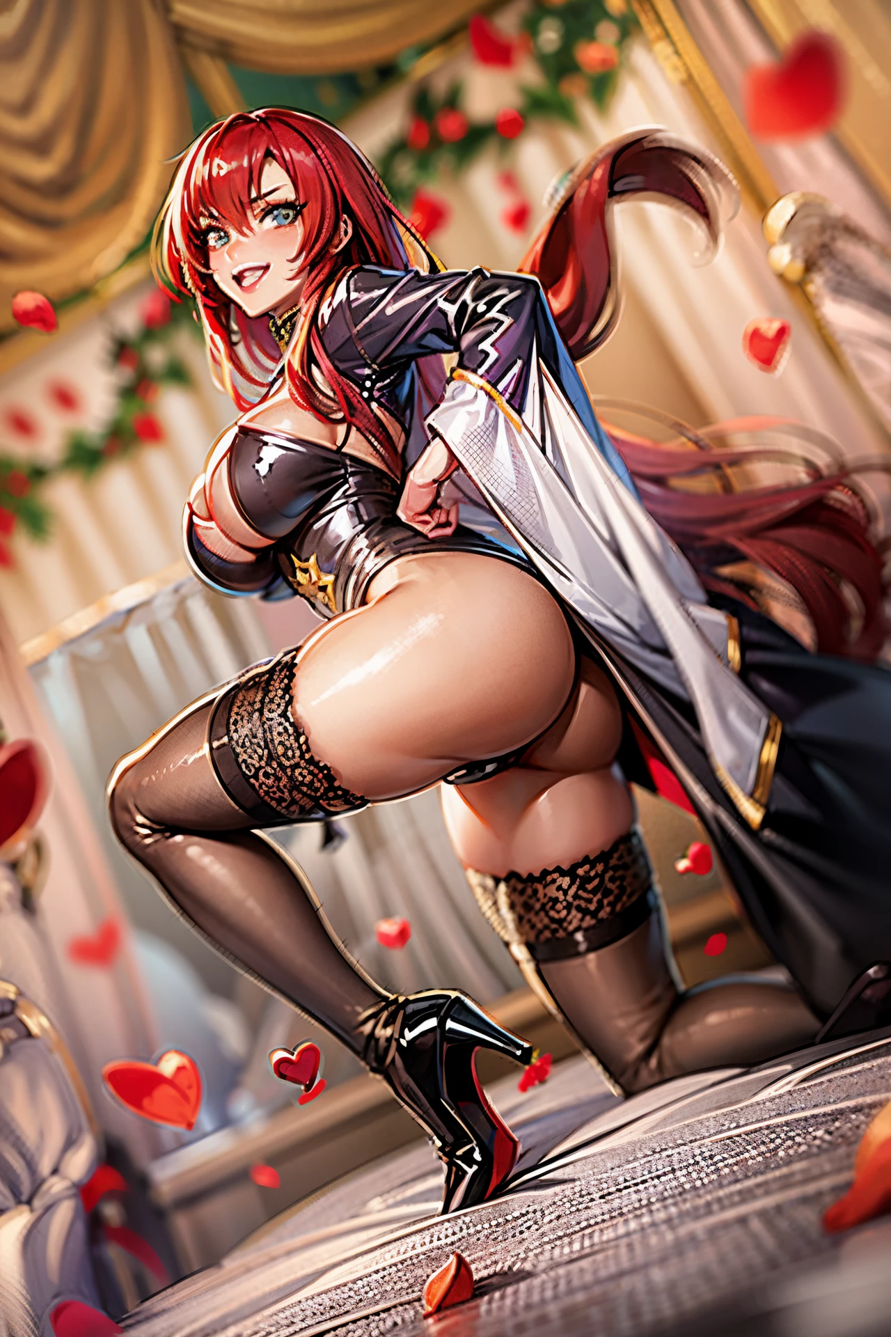 araffe dressed in a cosplay outfit and stockings is posing on a bed, cosplay, rias gremory, rin, anime girl cosplay, ornate cosplay, 2 b, 2b, anya from spy x family, fine details. girls frontline, miss fortune, elegant glamourous cosplay, katarina, amouranth, glamourous cosplay, ayaka cosplay