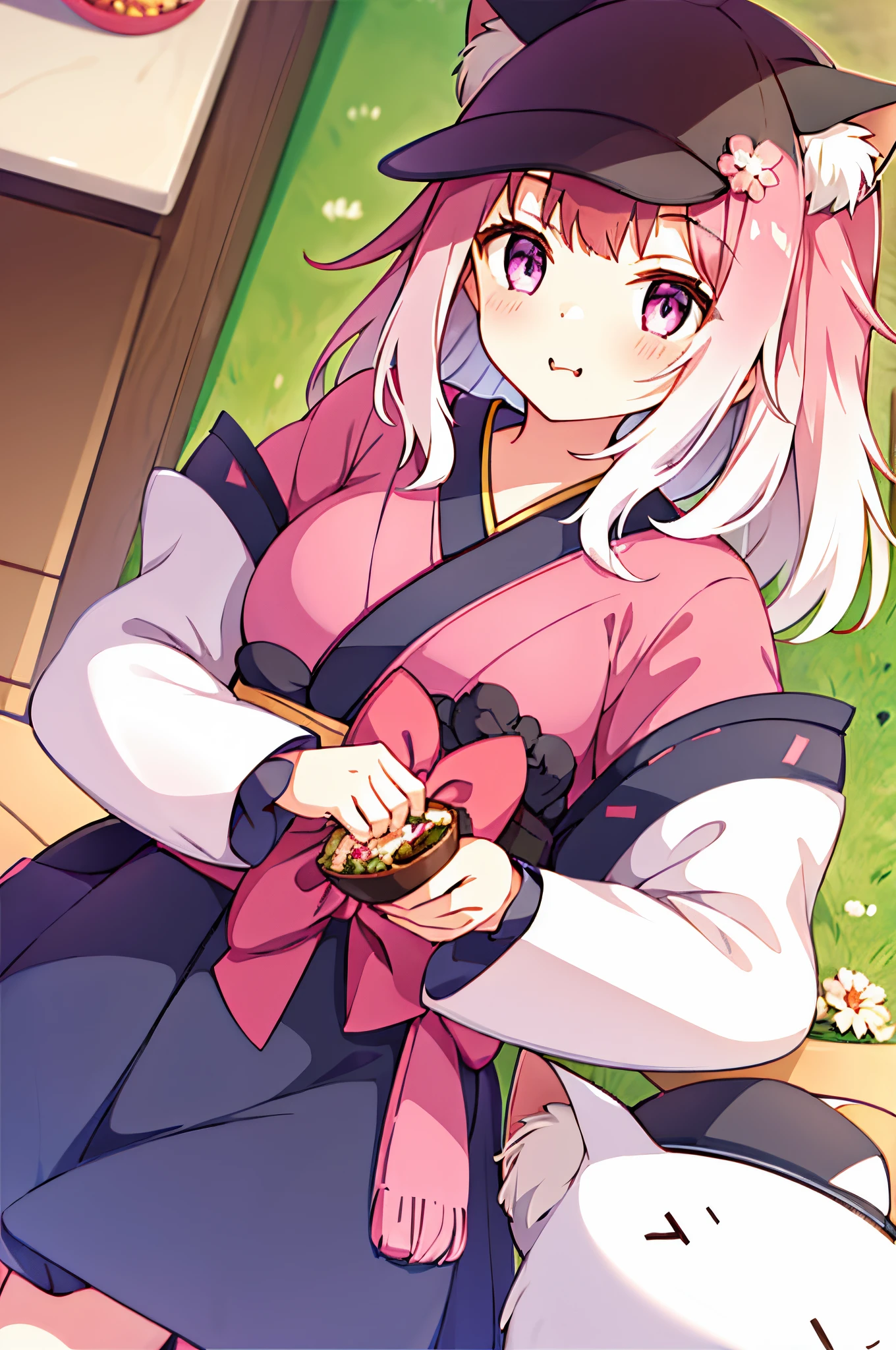 1girl,tamaki,default,kimono,cat_ears, cat_girl,food,holding,shop,flowers,dark_pink hair,(large breast)