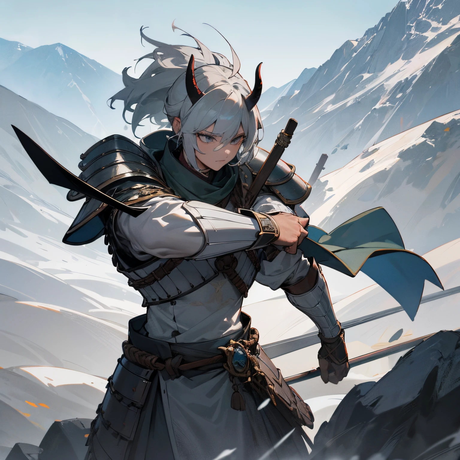 best quality,4k,8k,highres,ultra-detailed:1.37,professional,Greyish Stone Colored Hair,Muscular Build, Martial Arts Clothing , Armor Piece on Arm , Mountain Background , Demon Horn