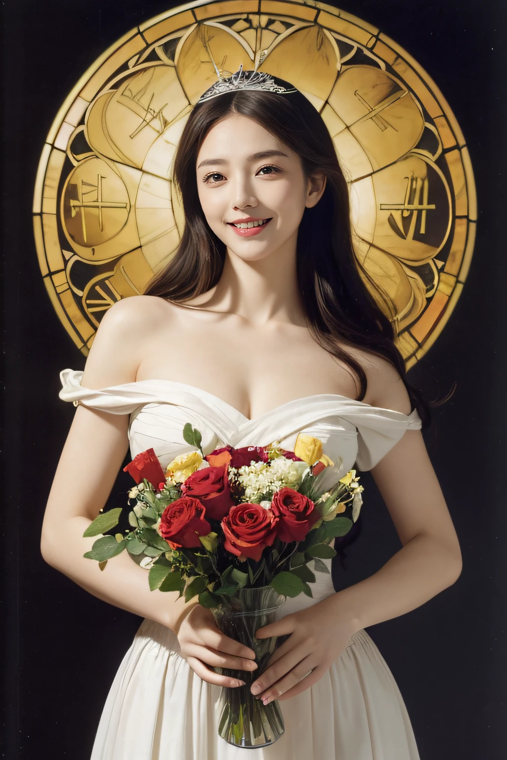 Geometry,stain glass,12 zodiac signs,Vigée Leblanc style,Math、Astronomical utensils,astronault,Roses in a vase,fruits,cute little,A smile,Ancient Greek costumes,Paintings by Sandro Botticelli,Costume with stretched shoulders,huge smile,large full breasts,Ecstasy expression,A sexy,Beautiful bare skin