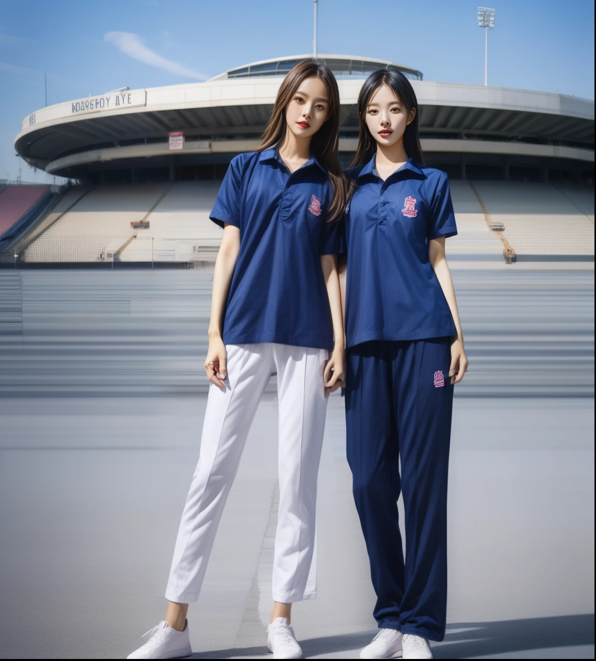 (bestquality,10,10,highres,masterpiece:1.2),ultra-detail,(Realistic,photorealistic portrait,photo-realistic:1.37),1 Cute girl in the football field,oily shiny skin,bara,light smile,BDclothes,((blue shirt:1.3)),short sleeves,shirt, trousers.,(navy_long_Pants Track:1.1), ((Stadium Background:1.3)),dynamic angle,excited,face focus,Dynamic Poses,from behide,Ass Focus,masterpiece, bestquality, ultra realistic, hyper-detail, 8k resolution, RAW photo, crisp focus, ((Navy blue shirt:1.1)), short sleeves, Long Path, Perfect body, 2 mature women, 18yo, cinematic light,Blue sweatpants,Gymware,Correct ???????,Complete body, Correct body, sharp face, Anatomically correct body, full entire body, Realistic gestures, long-haired, Realistic poses,Wear long shorts..........................,Long leg span,Shapely,Sculpting Girl, Slender Figure, mannequin mannequins, Shapely, Beautiful body,Blue sweatpants, Two girls kissing