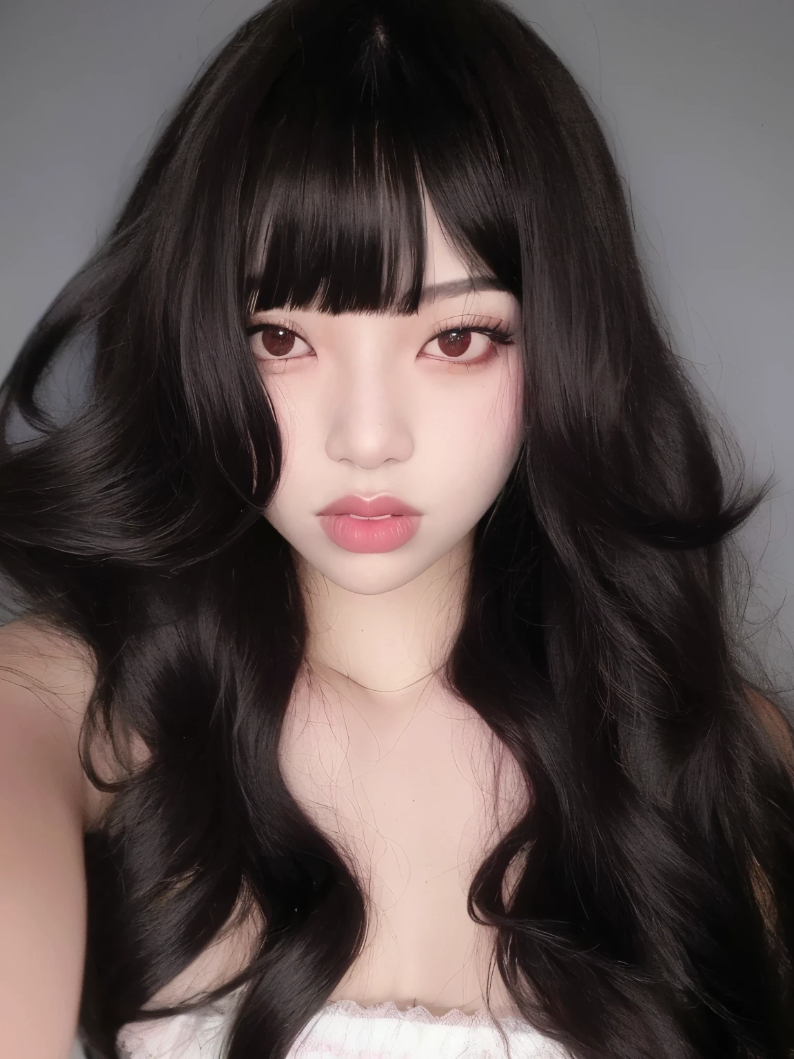 mulher arafed com cabelo escuro longo e um vestido rosa, cabelo ondulado preto com franja, cabelos escuros longos com franja, preto hime corte cabelo, cabelo blackbangs cabelo, cabelo preto longo com franja, Ela tem cabelo preto com franja, franja preta, cruel korean goth girl, Ulzzang, cabelo whitebangs cabelo, Ilya Kuvshinov com cabelo longo, selfie