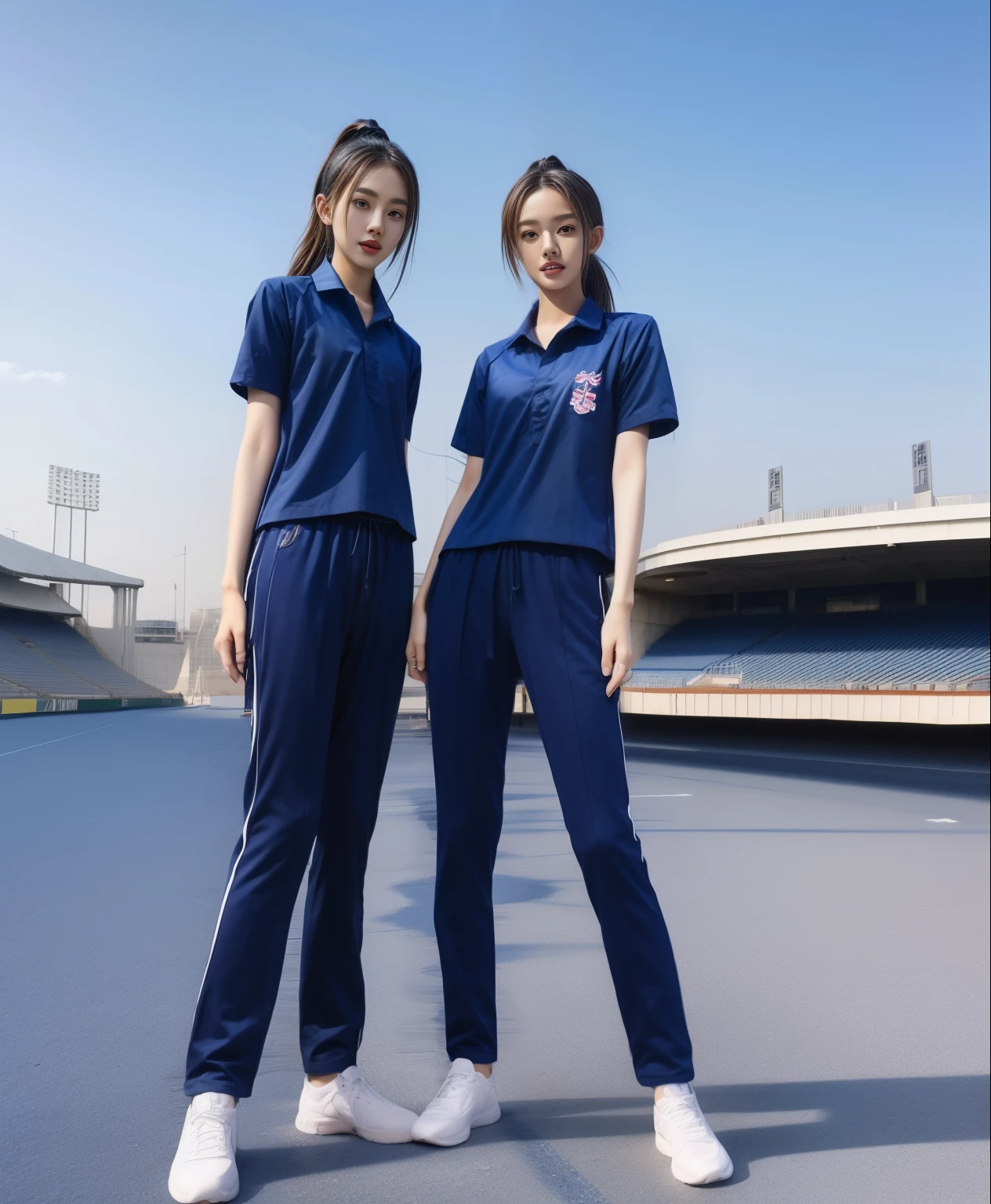 (bestquality,10,10,highres,masterpiece:1.2),ultra-detail,(Realistic,photorealistic portrait,photo-realistic:1.37),1 Cute girl in the football field,oily shiny skin,bara,light smile,BDclothes,((blue shirt:1.3)),short sleeves,shirt, trousers.,(navy_long_Pants Track:1.1), ((Stadium Background:1.3)),dynamic angle,excited,face focus,Dynamic Poses,from behide,Ass Focus,masterpiece, bestquality, ultra realistic, hyper-detail, 8k resolution, RAW photo, crisp focus, ((Navy blue shirt:1.1)), short sleeves, Long Path, Perfect body, 2 mature women, 18yo, cinematic light,Blue sweatpants,Gymware,Correct anatomy,Complete body, Correct body, sharp face, Anatomically correct body, full entire body, Realistic gestures, long-haired, Realistic poses,Wear long shorts.........................,Long leg span,Shapely,Sculpting Girl, Slender Figure, mannequin mannequins, Shapely, Beautiful body,Blue sweatpants, Two girls kissing