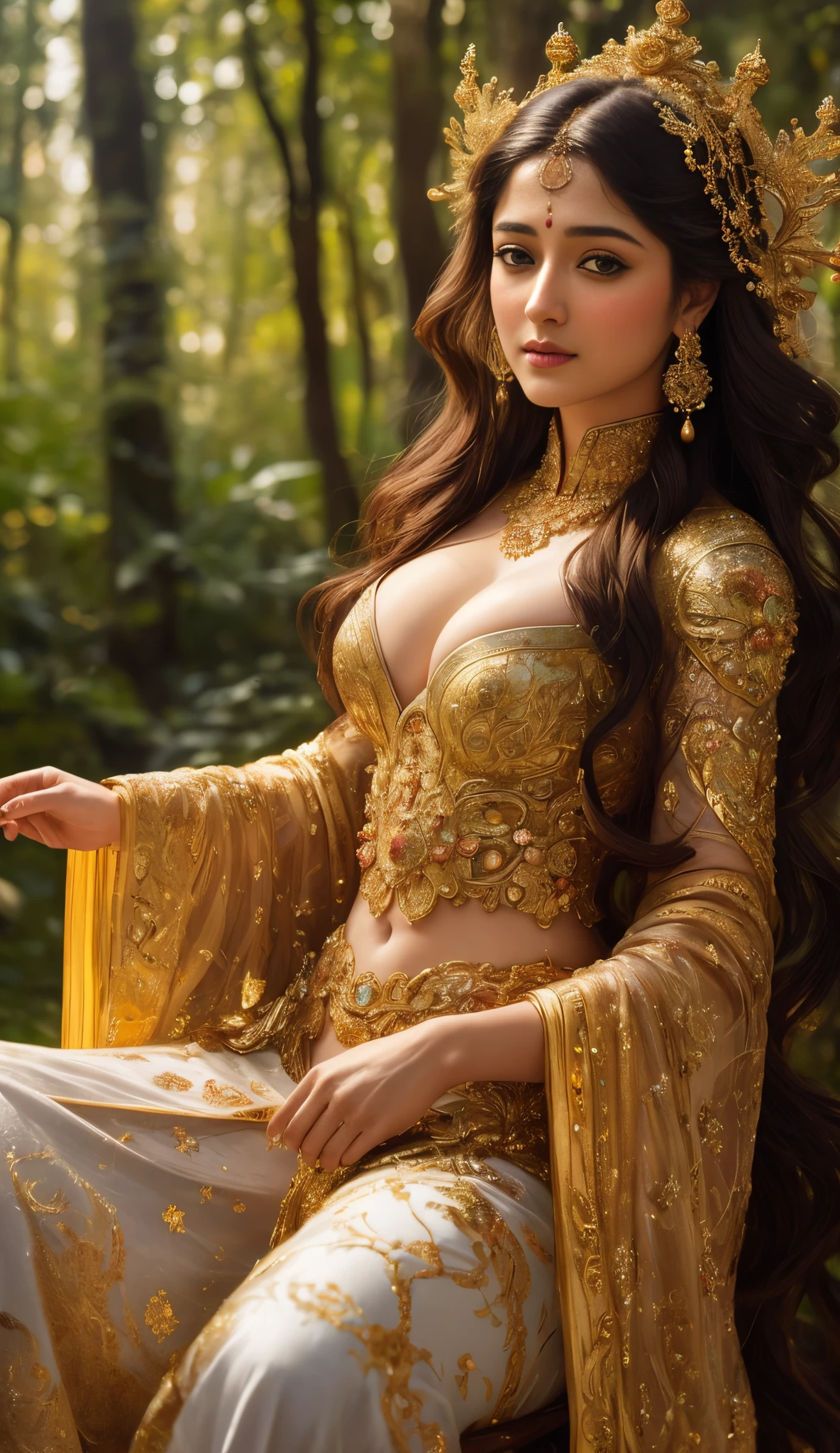Face mix of Anushka Shetty and Nayanthara, a masterpiece ultrarealistic ultradetailed portrait of a beautiful girl in incredible goledn armor. baroque renaissance. in forest. medium shot, intricate, elegant, highly detailed. trending on artstation, digital art, by stanley artgerm lau, wlop, rossdraws, james jean, andrei riabovitchev, marc simonetti, yoshitaka amano. background by james jean and gustav klimt, light by julie bell, 4 k, porcelain skin.