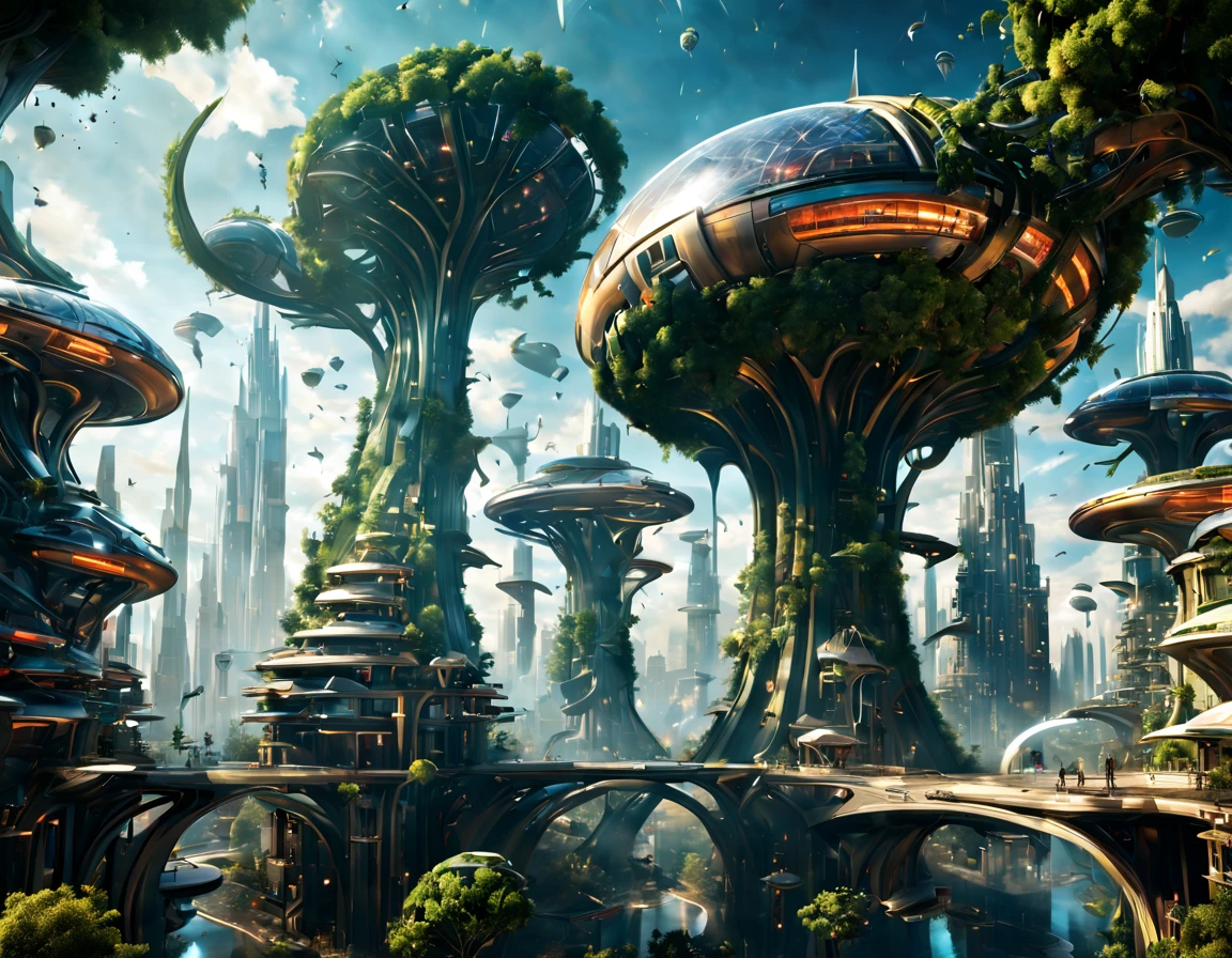 (utopian:1.4), Design a futuristic cityscape with buildings that resemble ancient trees, transportation pods soaring through the air like futuristic insects, (best composition), ultra-wide-angle, octane render, enhance, intricate, (best quality, masterpiece, Representative work, official art, Professional, unity 8k wallpaper:1.3)