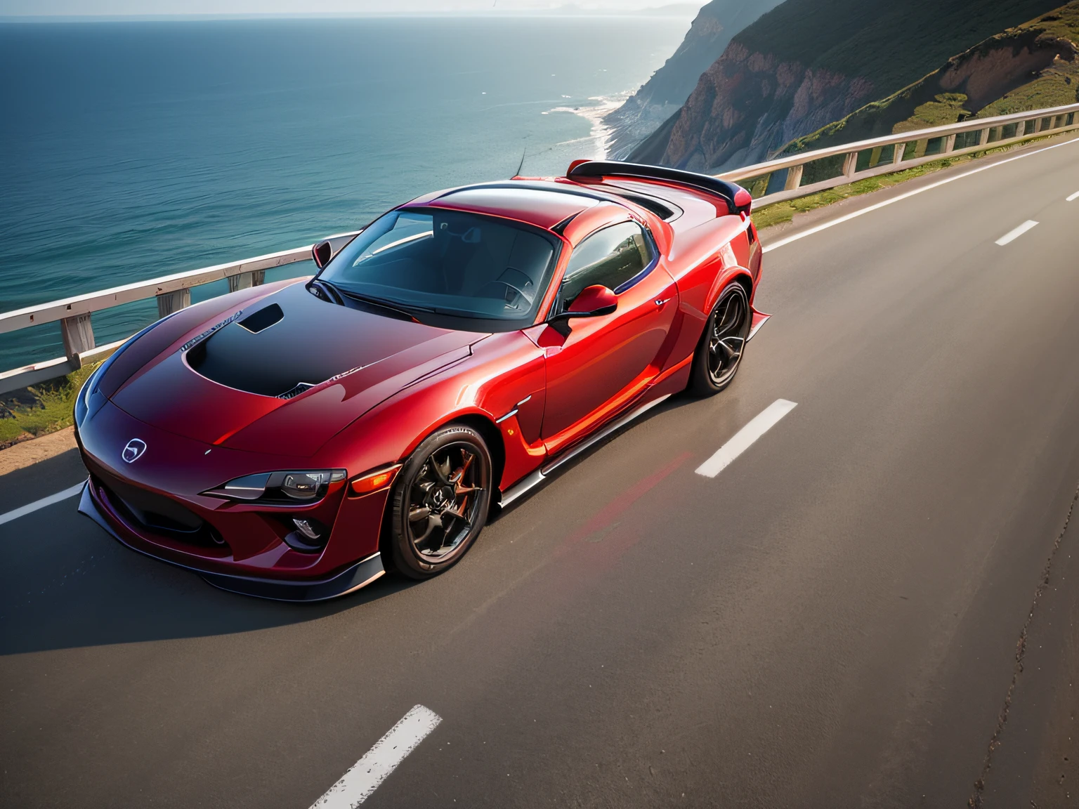超A high resolution、An ultra-high picture quality、8K、Detailed details、marvelous expression、early summer coastline、Beautiful fresh greenery and lapping waves、A red car runs gracefully on the mountain pass road along the coast........、((Mazda RX-7 Convertible 2023 ))