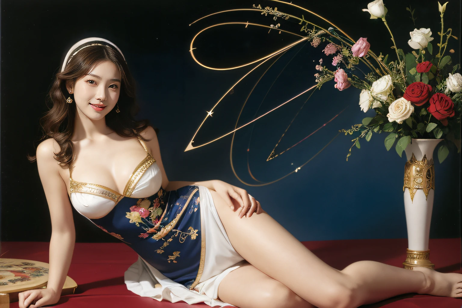 Geometry,stain glass,12 zodiac signs,Vigée Leblanc style,Math、Astronomical utensils,astronault,Roses in a vase,fruits,cute little,A smile,Ancient Greek costumes,Paintings by Sandro Botticelli,Costume with stretched shoulders,huge smile,large full breasts,Ecstasy expression,A ,Beautiful bare skin