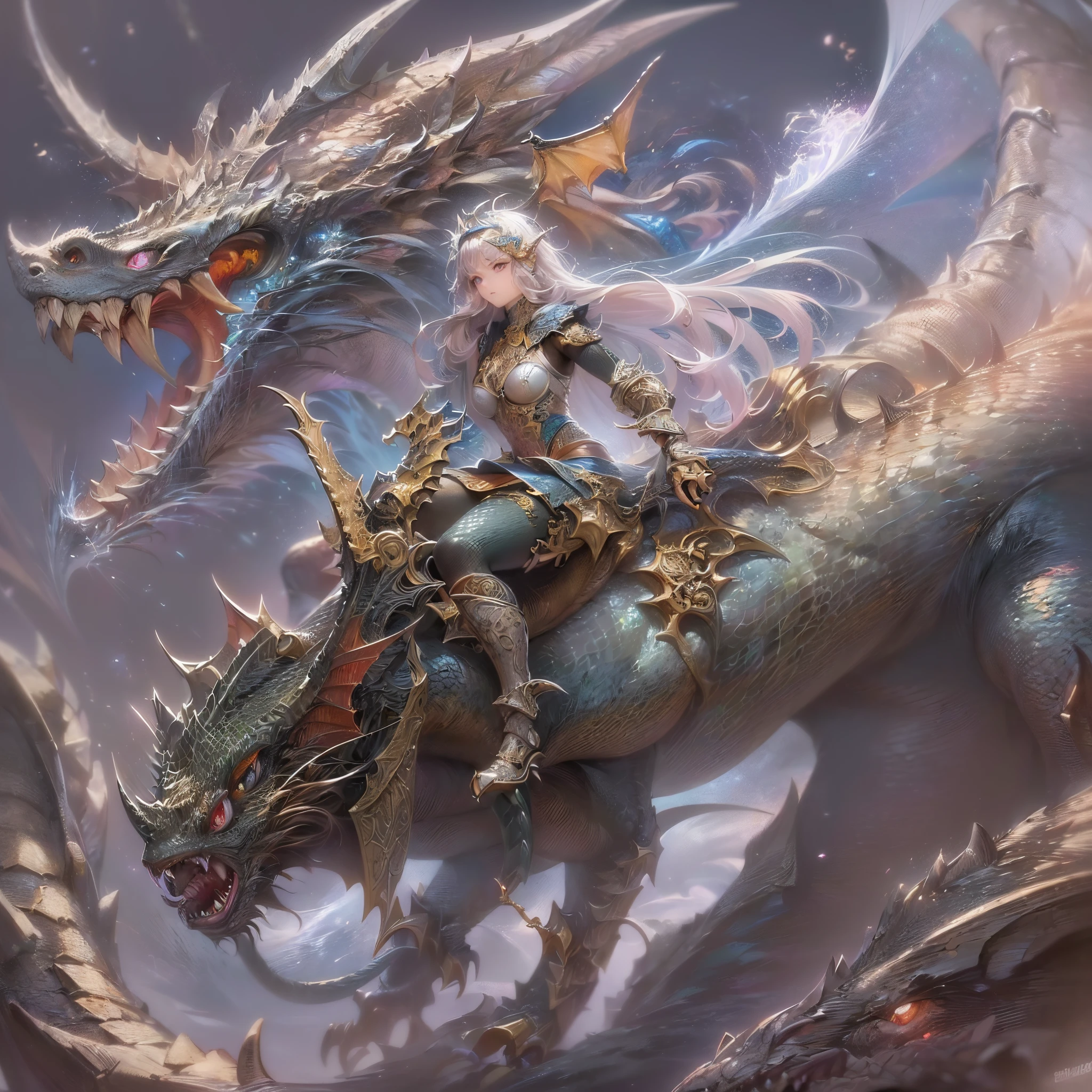 dragon girl, glowing scales, majestic wings, flowing mane, ethereal background, mystical atmosphere, colorfu, intricate patterns, atmosphere, ultra high res, (photorealistic:1.4), raw photo,16K,dramatic lighting,