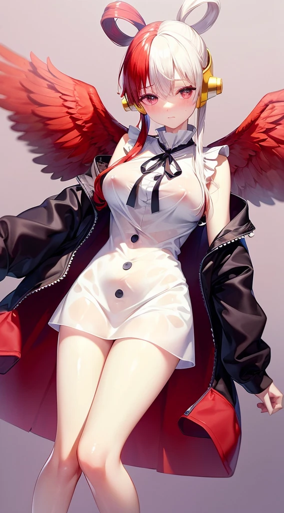 masutepiece、Best Quality、hight resolution、tre anatomically correct、white dres、a black ribbon、Short miniskirt、(Vibrant colors:1.2)、(masterpiece:2.0)、onepiece、Uta、left red hair、right gray hair、(((Not wearing pants)))、divine spirit、Flushed cheeks、Beautiful girl in every detail、Body shining with sweat、Wet、Seductive thighs、sexy pose、(round breasts:1.5)、Perfect style、Slimed、open one's legs、Open your crotch、Female genitals、teats see through、Hard nipples