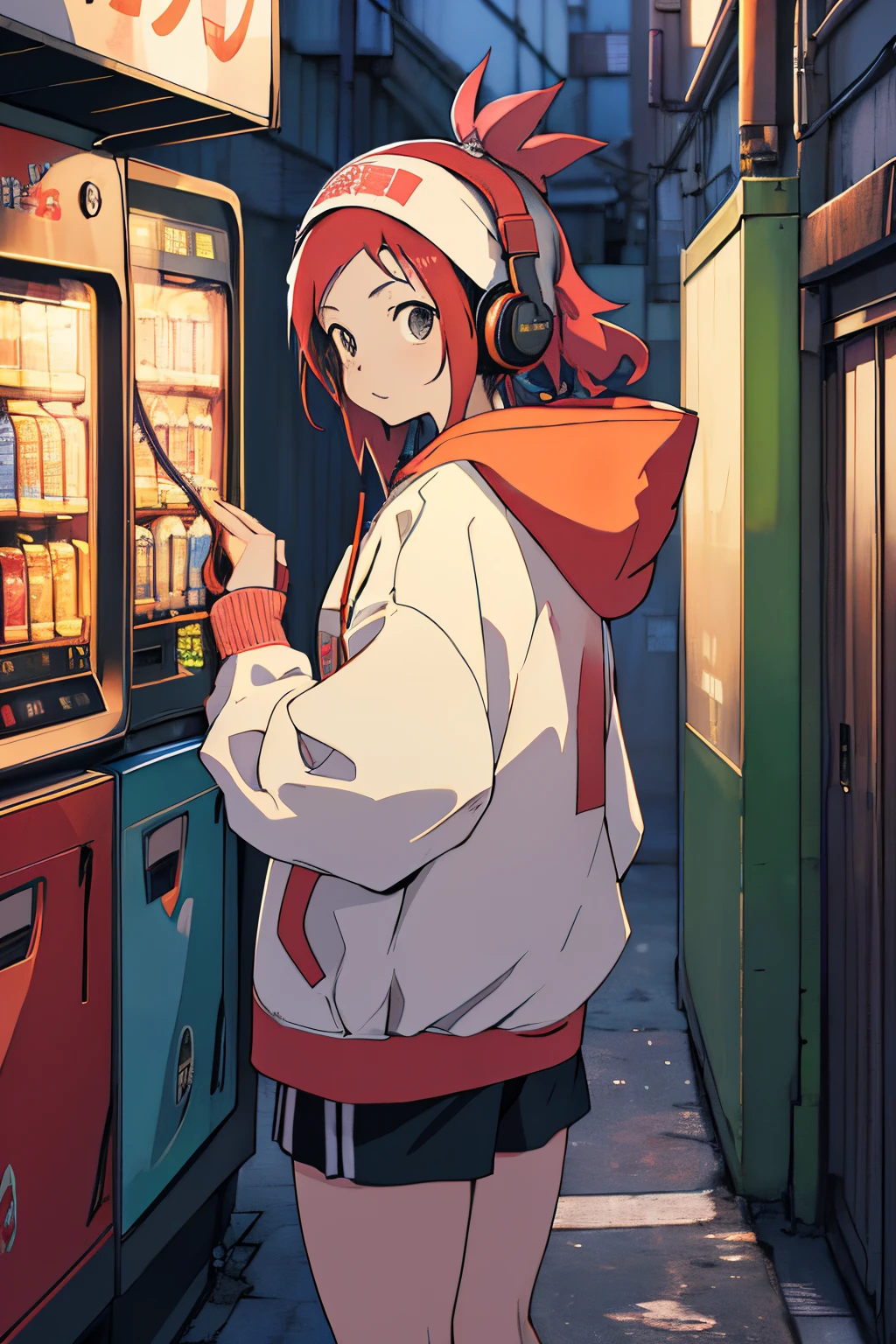 Shibuya, Back alley, vending machine on the background, wearing a hoodie on his head, From above, (8K, Raw photo, Best Quality, masutepiece:1.2), A girl in her 20s with headphones around her neck