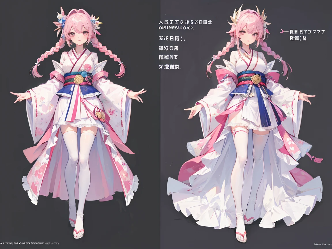 ((Masterpiece, Highest Quality)), Detailed Face, Character design sheet， full bodyesbian, Full of Details, multiple poss and expressions, Highly detailed, depth, many details，Beautiful girl with pink hair，Double braid，Kimono with white，white stockings，bare footed，Fairies