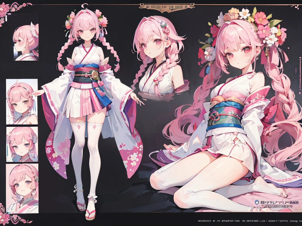 ((Masterpiece, Highest Quality)), Detailed Face, Character design sheet， full bodyesbian, Full of Details, multiple poss and expressions, Highly detailed, depth, many details，Beautiful girl with pink hair，Double braid，Kimono with white，white stockings，bare footed，Fairies