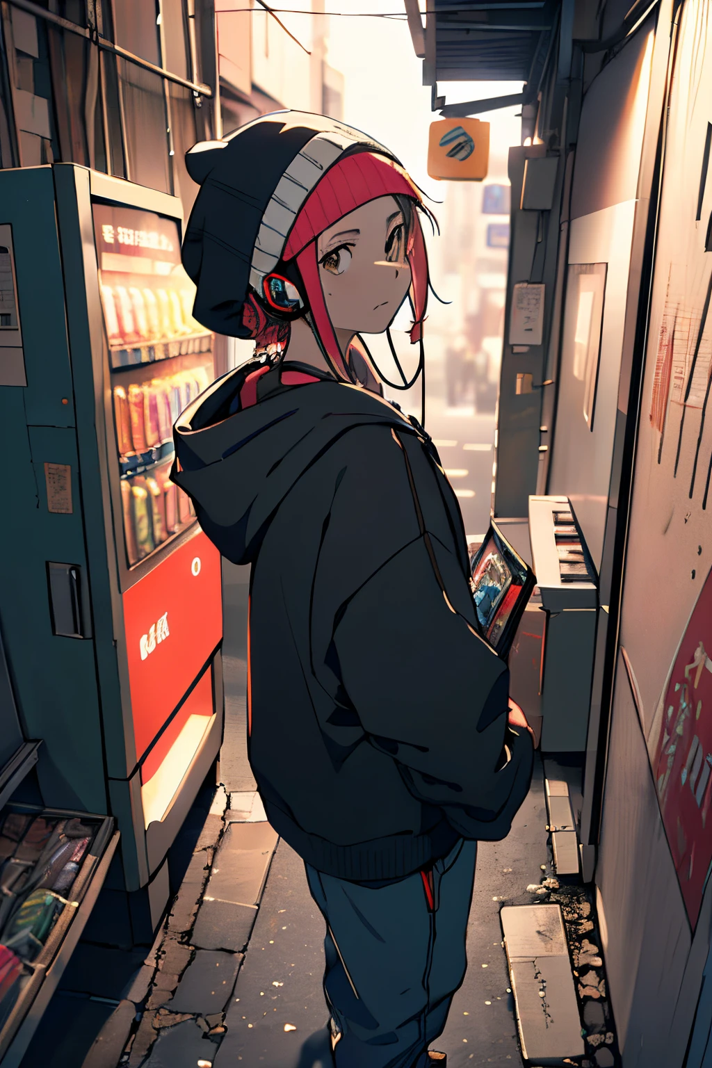 Shibuya, Back alley, vending machine on the background, wearing a hoodie on his head, From  above, (8K, Raw photo, Best Quality, masutepiece:1.2), A girl in her 20s with headphones around her neck