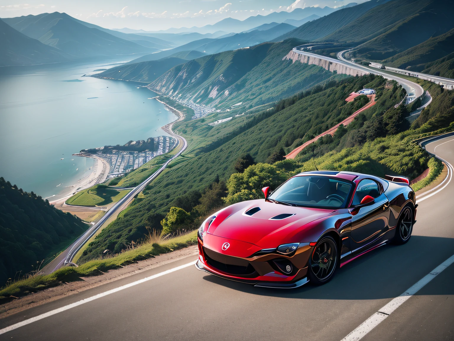 超A high resolution、An ultra-high picture quality、8K、Detailed details、marvelous expression、early summer coastline、Beautiful fresh greenery and lapping waves、A red car runs gracefully on the mountain pass road along the coast.........、((Mazda RX-7 Convertible 2023 ))