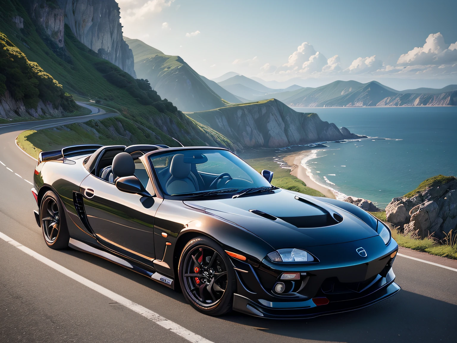 超A high resolution、An ultra-high picture quality、8K、Detailed details、marvelous expression、early summer coastline、Beautiful fresh greenery and lapping waves、A red car runs gracefully on the mountain pass road along the coast.........、((Mazda RX-7 Convertible 2023 ))