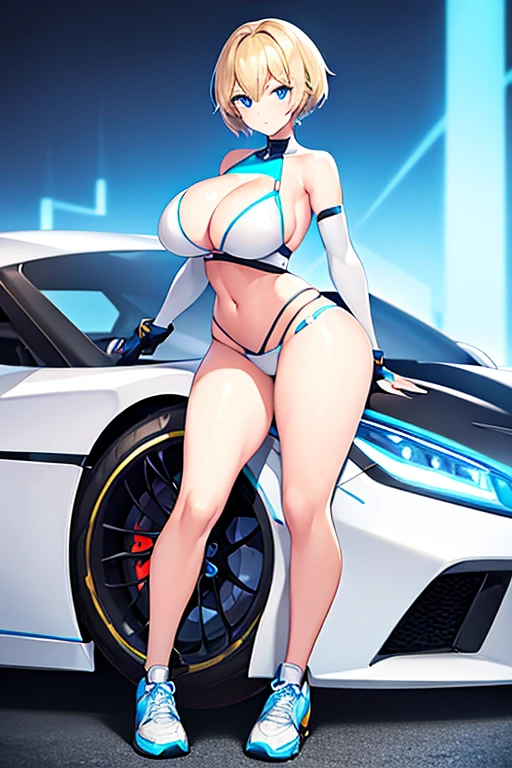 1girl, wide hips, large breasts, wide hips, blonde hair, short hair, very short hair, blue eyes, futuristic, machinery, science-fiction, tech, shoes, sneakers, neon trim, bikini, white bikini, white clothes, blue neon trim, full body, light smile, car, sports car, sport car
