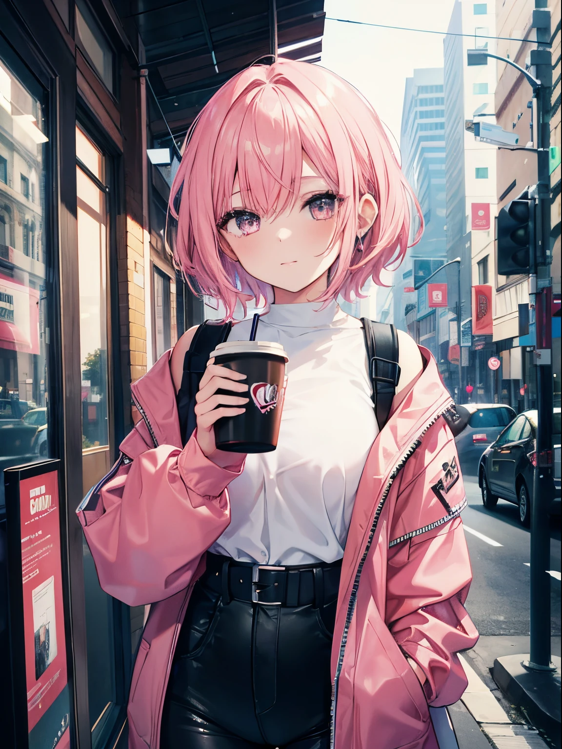 1girl, short pink hair, drinking coffee, high res, ultrasharp, 8K, masterpiece, heart eyes, wearing tight clothes, sexy