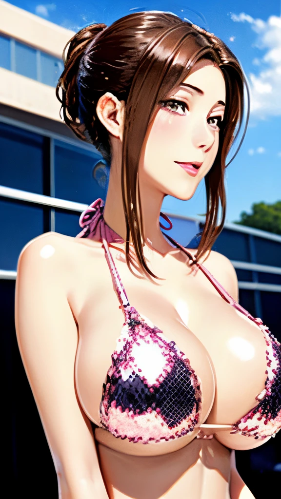 realisitic、top-quality、1girl in, , Tongue out (Heart shaped pupils)  (Pink Sequin Micro Bikini) Big breasts, Arms behind your head (Upper body)