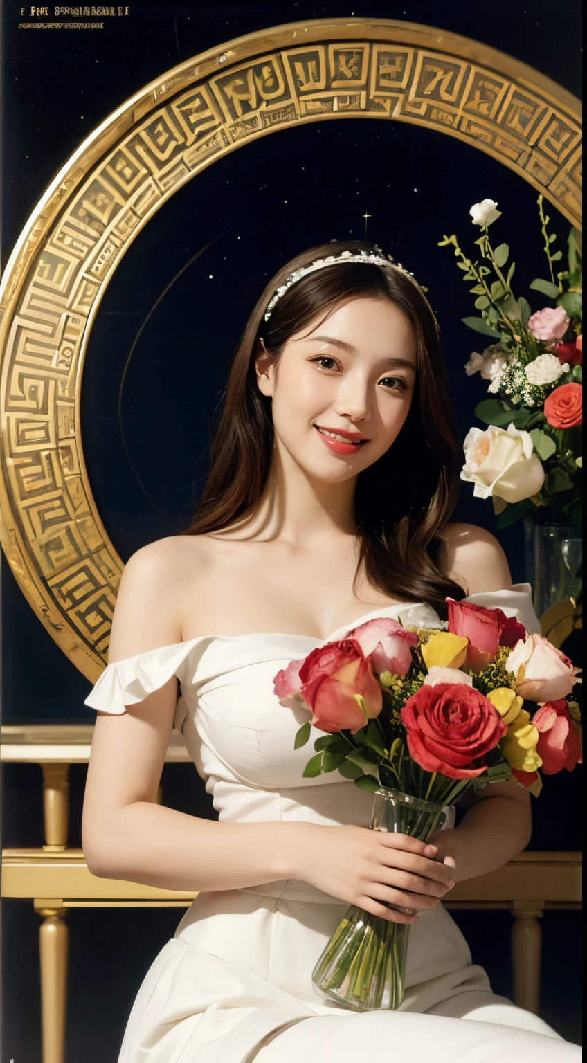 Geometry,stain glass,12 zodiac signs,Vigée Leblanc style,Math、Astronomical utensils,astronault,Roses in a vase,fruits,cute little,A smile,Ancient Greek costumes,Paintings by Sandro Botticelli,Costume with stretched shoulders,huge smile,large full breasts,Ecstasy expression,A sexy,Beautiful bare skin