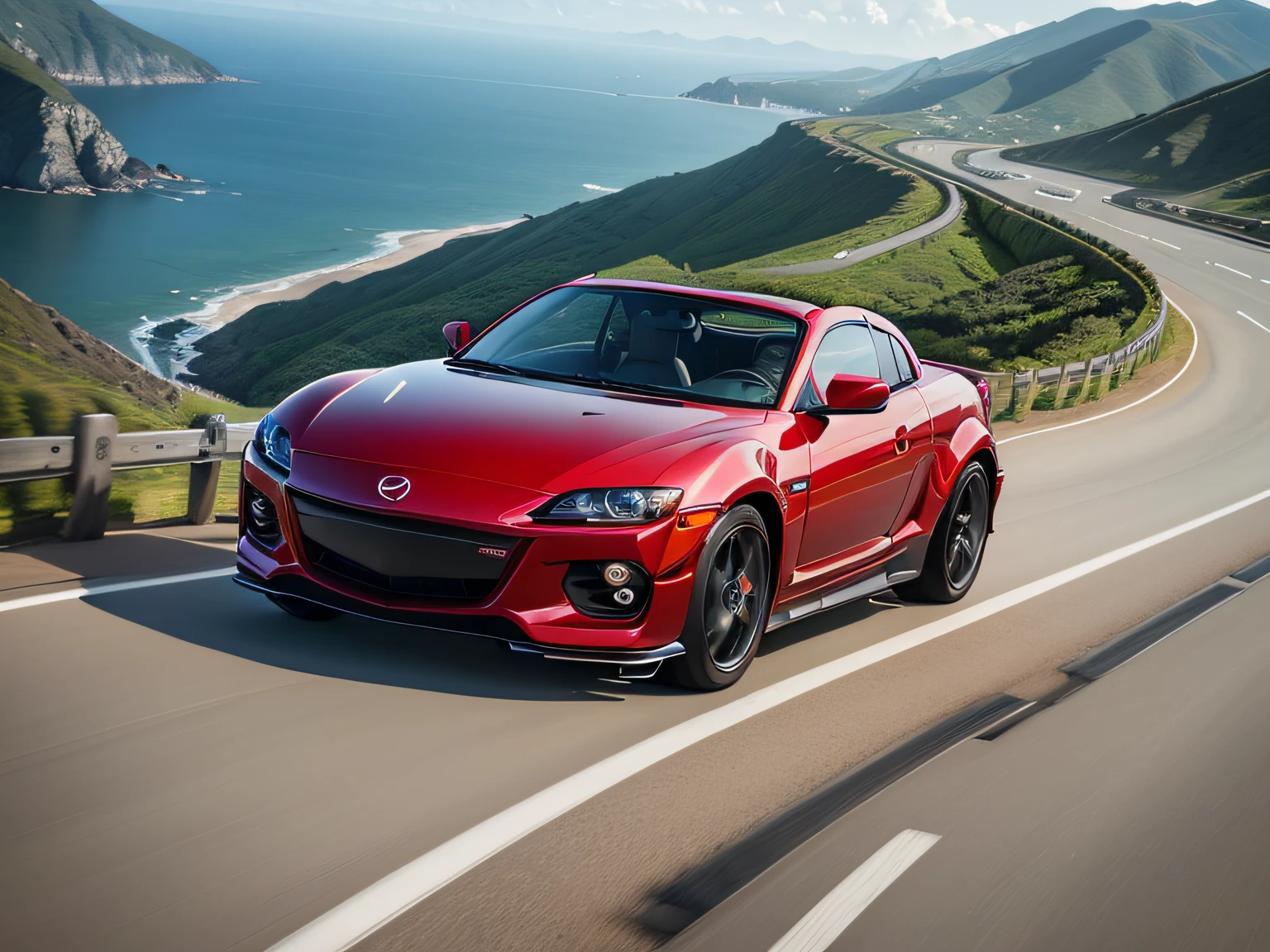 超A high resolution、An ultra-high picture quality、8K、Detailed details、marvelous expression、early summer coastline、Beautiful fresh greenery and lapping waves、A red car runs gracefully on the mountain pass road along the coast..........、((Mazda RX-8 Convertible 2023 ))