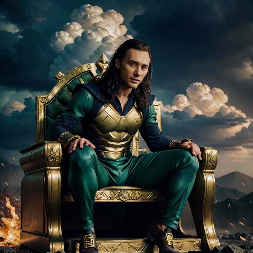 Loki classic yellow green suit of comics, with 100% Tom Hiddleston head, sit on a gold throne, green cloud and Thunder blurred background, dramatic light, masterpiece, 8k octane, cinematic, very detailed, 100% Tom hiddleston Face