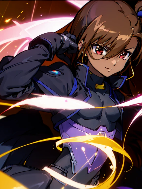 (((Dark skin))),otokonoko, cute,(1 beautiful boy), long dark brown hair, red eyes, (flat chested) wearing (Magical Girl Lyrical Nanoha StrikerS: Vivio Takamachi long black barrier jacket black armoured bodysuit outfit), gloves, cute smile, close up, bright blue sky background,