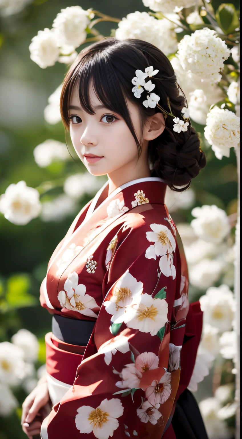 The background is a world of white flowers、Best Quality, masutepiece, High resolution, (((1girl in))), ,Red Eyes、Dark red kimono、((Dark red floral kimono)), Tindall Effect, Realistic, Shadow Studio, Red lighting, dual-tone lighting, (High Detail Skins: 1.2) Digital SLR, Photo, High resolution, 4K, 8K, Background blur,Fade out beautifully、The background is a world of white flowers