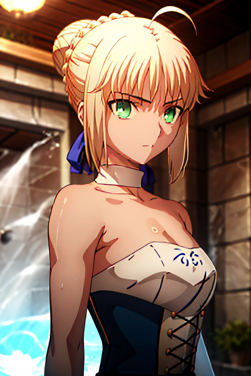 1girl, nsfw,  blonde hair, green eyes, short hair, french braid, ahoge,, large Breasts, nsfw, nipple, naked, empty eyes ,Knights of the Round Table, frozen, (Sweating profusely, Love juice, Wet Woman, female ejaculation), , crying ,crying, Naked, , (1girl) solo, Peeing, lactation, projectile lactation Round of Avalon, Palaces in England