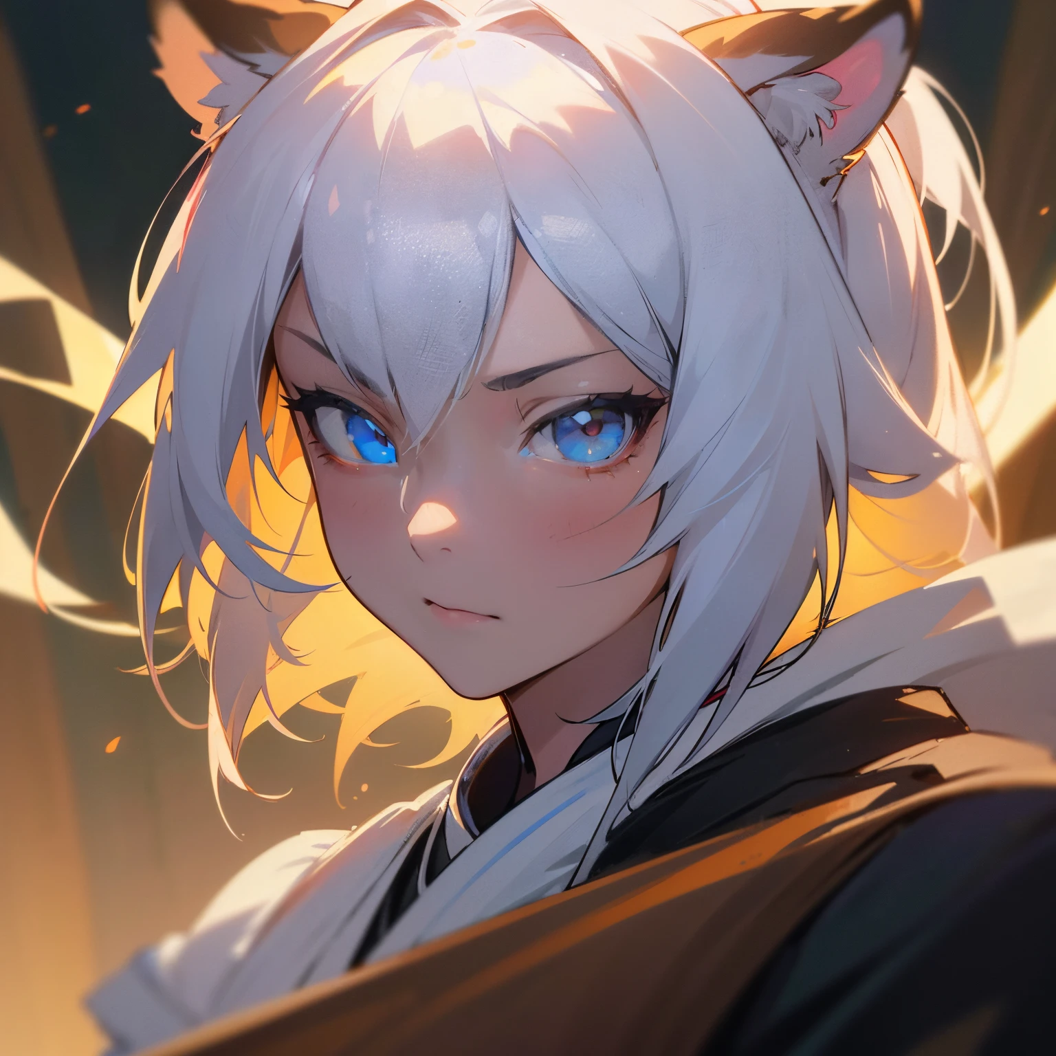 "(best quality,4k,8k,highres,masterpiece:1.2),ultra-detailed,Tiger Ears,White Hair,Blue Eyes,female,Martial Arts Clothing,sharp focus,vivid colors,portrait,studio lighting,warm color tones,dimmed lighting"