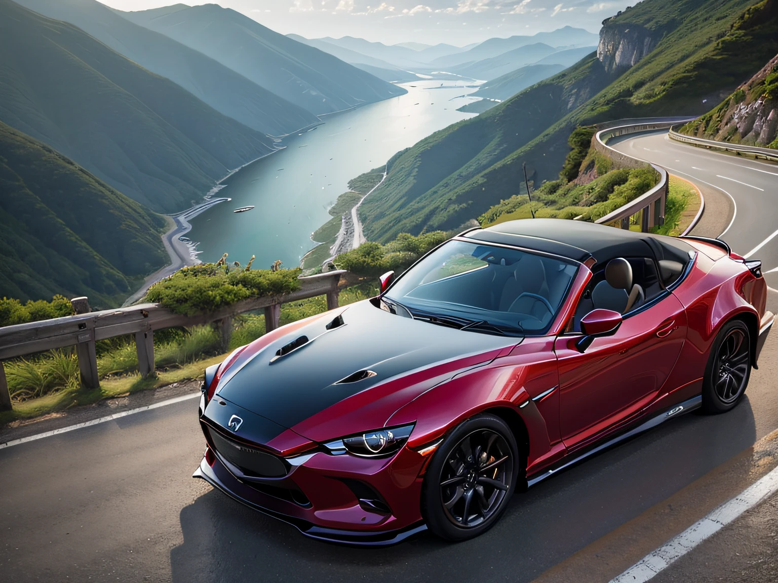 超A high resolution、An ultra-high picture quality、8K、Detailed details、marvelous expression、early summer coastline、Beautiful fresh greenery and lapping waves、A red car runs gracefully on the mountain pass road along the coast...........、((Mazda RX-12 Convertible 2023 ))