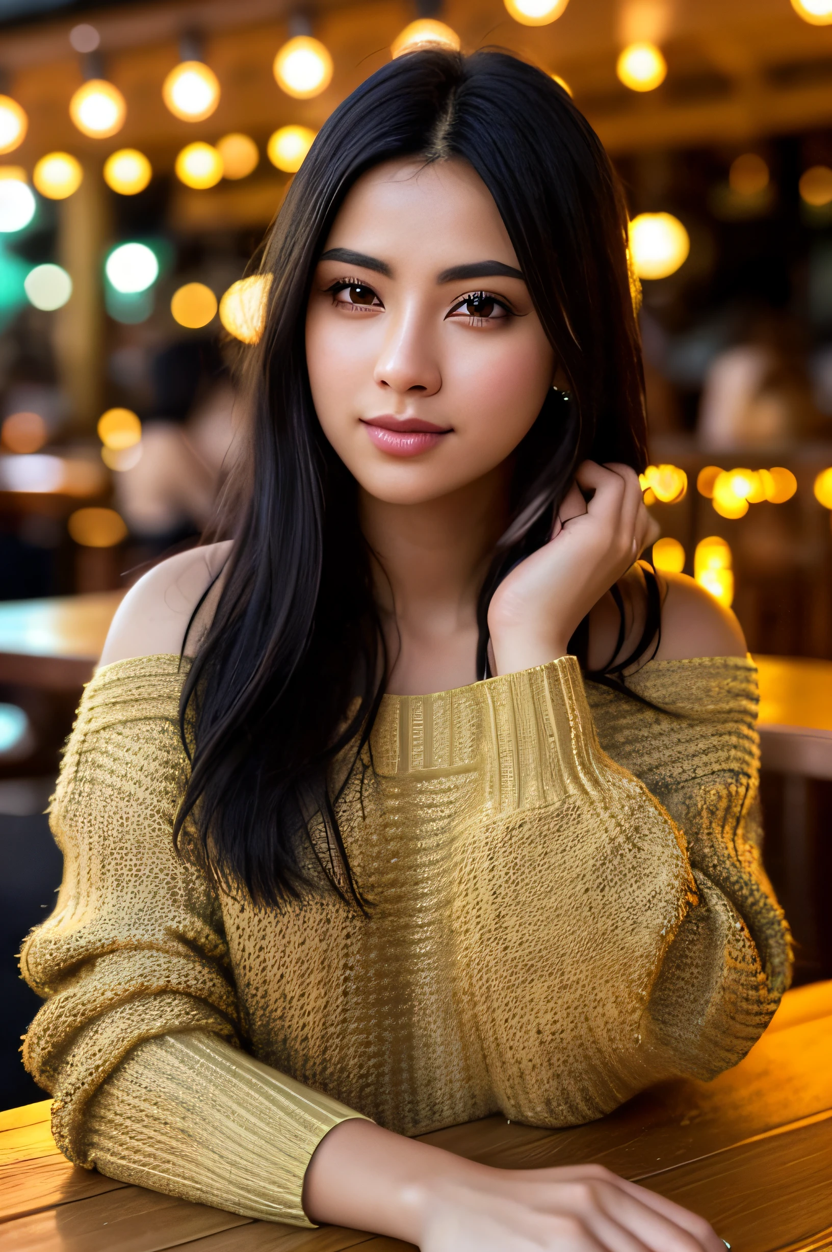 Photo by (SH0HREH:0.99), a beautiful woman 24 years old long black hair, enlarged close-up in tight crop portrait, sitting at a (table on a seaside boardwalk café bar drinks cocktails:1.2) wearing a (sexy off-shoulders sweater:1.3) (drinks on the table:1.3) (Lighting-Gold:1.2) foreground objects background details (masterpiece:1.2) (photorealistic:1.2) (bokeh:1.2) (best quality) (color gradation) (detailed skin: 1.3) (intricate) (8k) (HDR) (cinematic lighting:1.3) (sharp focus)