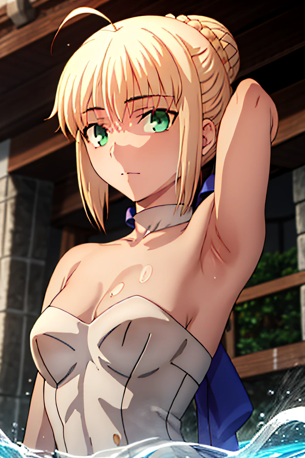 Altas Resoluciones, {saber_fenestaynightufotable:1.15}, rubio_cabello, Ahoge, verde_ojos, cinta, cabello_cinta, trenza, azul_cinta, corto_cabello, anime_colorante, Looking_en_espectador, cabello_entre_ojos, La mejor calidad, Obra maestra,phSaber, phAltoria, 1girl, solamente, Trenza francesa, resplandeciente, tenencia, Hair bun, Parte superior del cuerpo,saber, artoria, green eyes, house, bath, bathing, breasts, armpits, desnudo, nude