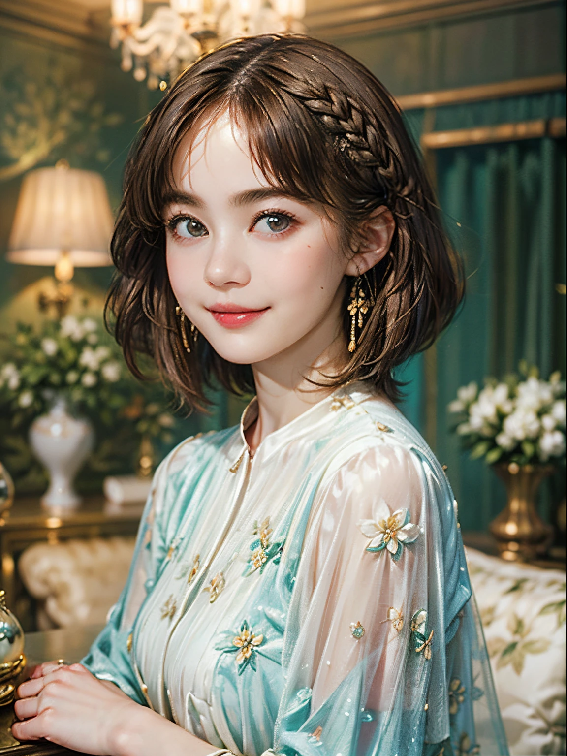 123
(a 20 yo woman,is standing), (A hyper-realistic), (high-level image quality), ((beautiful hairstyle 46)), ((short-hair:1.46)), (Gentle smile), (brest:1.1), (lipsticks), (florals), (Luxurious room), (Depth of field is deep), (Modern)