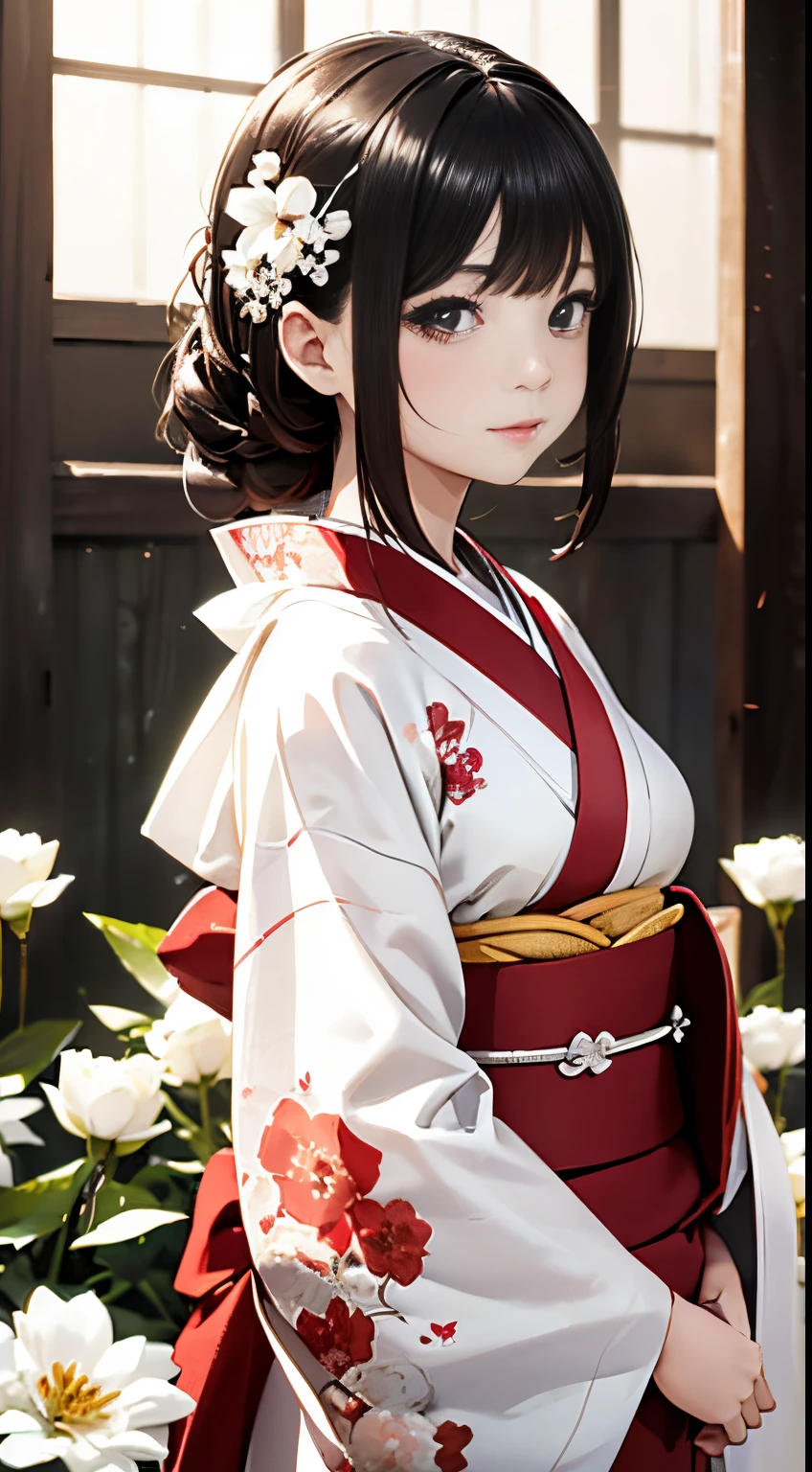 The background is a world of white flowers、Best Quality, masutepiece, High resolution, (((1girl in))), ,Red Eyes、Dark red kimono、((Dark red floral kimono)), Tindall Effect, Realistic, Shadow Studio, Red lighting, dual-tone lighting, (High Detail Skins: 1.2) Digital SLR, Photo, High resolution, 4K, 8K, Background blur,Fade out beautifully、The background is a world of white flowers