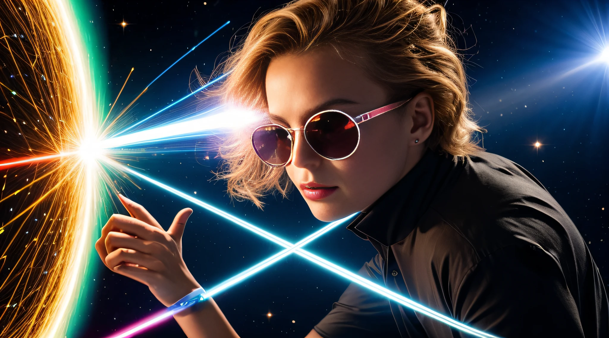 close-up CHILD BLONDE GIRL WITH VERY LONG HAIR, in a black blouse and sunglasses, a laser is being used to illuminate a circle, Rastreamento futurista de lasers, lasers brancos, dyson sphere in space, Lense Flares | | |, Lazers, Flare FX optical lens, lasers brilhantes, lasers futuristas, Rastreamento futurista de lasers finos, disparo de Lasers, Foto de uma esfera de Dyson, feixes de laser, lasers para luzes, Neon flare lens
