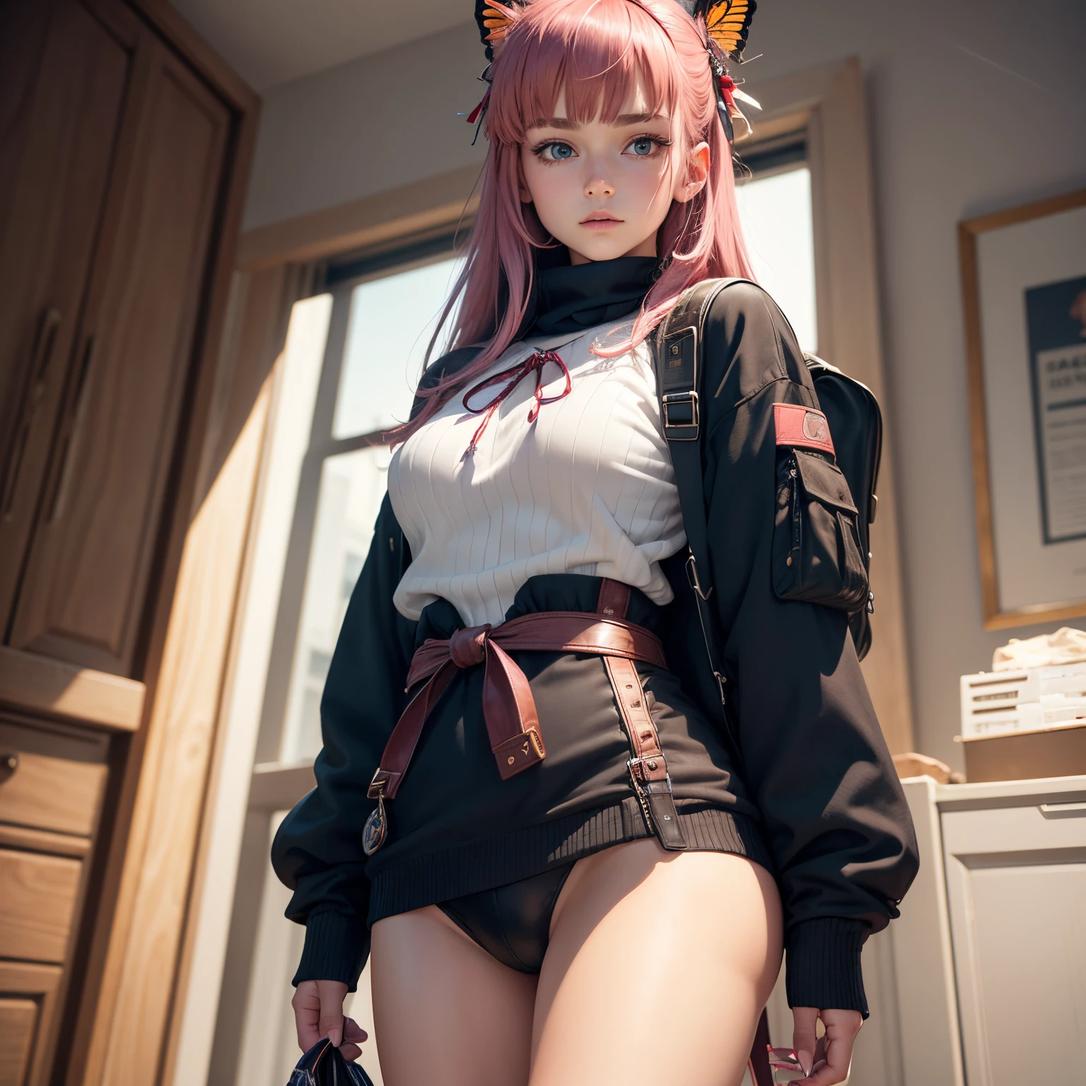 8k, masterpiece, best quality, realistic, higly detailed, cowboy shot, 1male, solo, Nino, cute, cold-looking boy, waist-length straight hair, square bangs hanging over eyebrows, reddish-pink hair, twin butterfly-shaped ribbons on both sides of head, dark blue eyes, average height, well-endowed figure, large chest, long-sleeved sweater that covers uniform, white thigh-high socks, backpack, fashionable boy, various cute accessories, takes care of nails