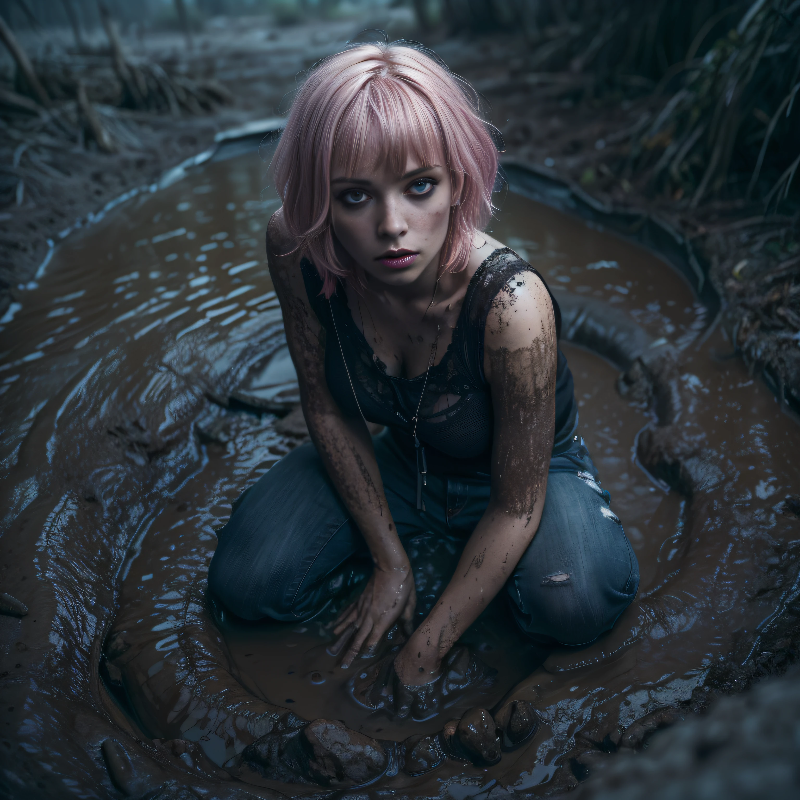 (Best Quality,hight resolution,Masterpiece, Overhead view:1.20),Ultra-detailed,Wide jeans,drowning in a swamp, fetish, (at the bottom of a mud pit:1.3),gloomy ecstasy,fetish,dark gloomy atmosphere,gritty texture,melancholic expression on his face,mysterious aura,foggy background,Subtle color palette,provocative pose,Strong emotions,Coming Out of the Depths of Despair,Piercing gaze,intense shadows,Plunged in Darkness,Rugged terrain,ominous vibe,A supernatural sensation,asymmetrical bangs, freckles, pink short hair, Bangs, freckles, gray eyes, A  girl