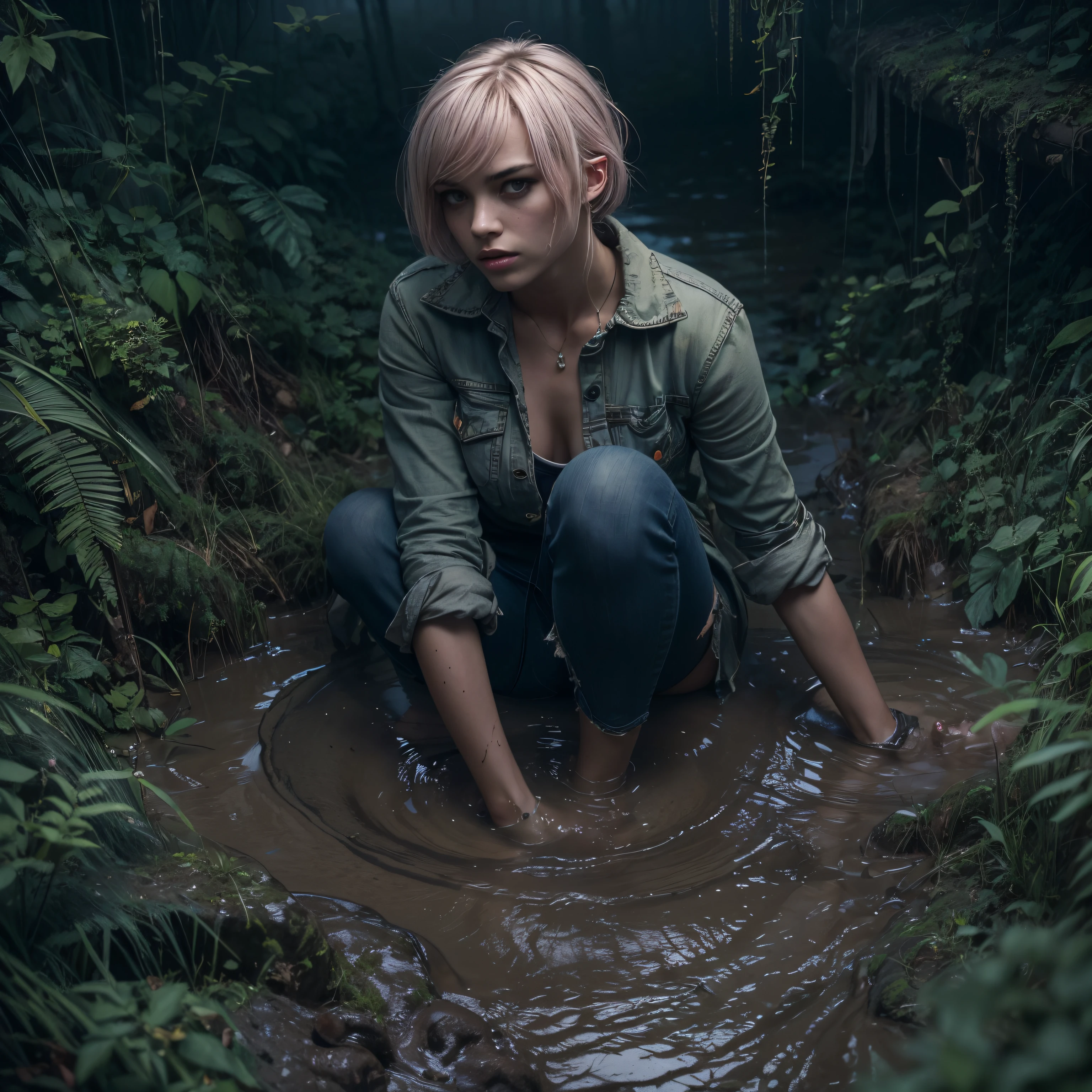 (Best Quality,hight resolution,Masterpiece, Overhead view:1.20),Ultra-detailed,Wide jeans,drowning in a swamp, fetish, (at the bottom of a mud pit:1.3),gloomy ecstasy,fetish,dark gloomy atmosphere,gritty texture,melancholic expression on his face,mysterious aura,foggy background,Subtle color palette,provocative pose,Strong emotions,Coming Out of the Depths of Despair,Piercing gaze,intense shadows,Plunged in Darkness,Rugged terrain,ominous vibe,A supernatural sensation,asymmetrical bangs, freckles, pink short hair, Bangs, freckles, gray eyes, A girl