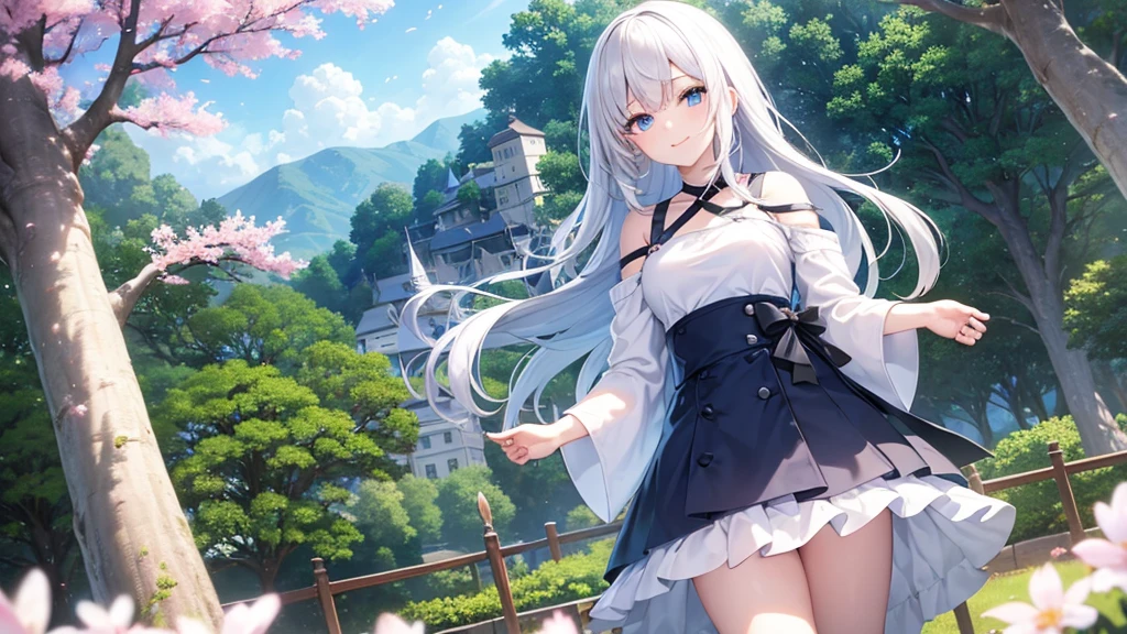 mid-shot, Look at viewers, hands behind back, girl with, 20 years old, Very short hair, long bangs between eyes,, Grey Hair, Floating hair, ^ ^, pale blue eyes, Hoodie, Skirt, Bare shoulder, , Blue sky, Nature, Sunlight, Extremely detailed,(​masterpiece、top-quality)、独奏、White hair、Blue eyes、A smile、White skin as clear as snow、Fantastical,Small breasts, Silver hair, Blue eyes, Beautiful eyes, Teen Girl, Ecstasy, charmed, be smitten with audience, Hoodie, White hoodie, fantastic landscape, ,Cherry blossom background,a black skirt