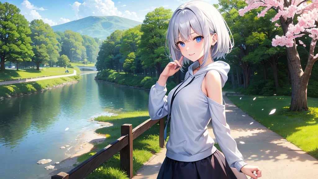 mid-shot, Look at viewers, hands behind back, girl with, 20 years old, Very short hair, long bangs between eyes,, Grey Hair, Floating hair, ^ ^, pale blue eyes, Hoodie, Skirt, Bare shoulder, , Blue sky, Nature, Sunlight, Extremely detailed,(masterpiece、top-quality)、独奏、White hair、Blue eyes、A smile、White skin as clear as snow、Fantastical,Small breasts, Silver hair, Blue eyes, Beautiful eyes, Girl, Ecstasy, charmed, be smitten with audience, Hoodie, White hoodie, fantastic landscape, ,Cherry blossom background,a black skirt