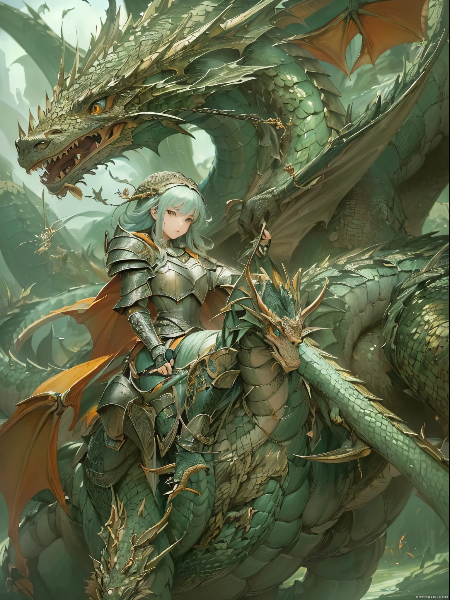 ((Finest quality)),(超A high resolution),(ultra-detailliert),(Meticulous portrayal),((Best Anime)),(Finest works of art),(Ultra-Precision Art),(The art of astounding depiction,Overwhelming depiction:1.5),(Complex and detailed fantasy art:1.6), (female dragon rider:1.5),(scale mail:1.5),lance