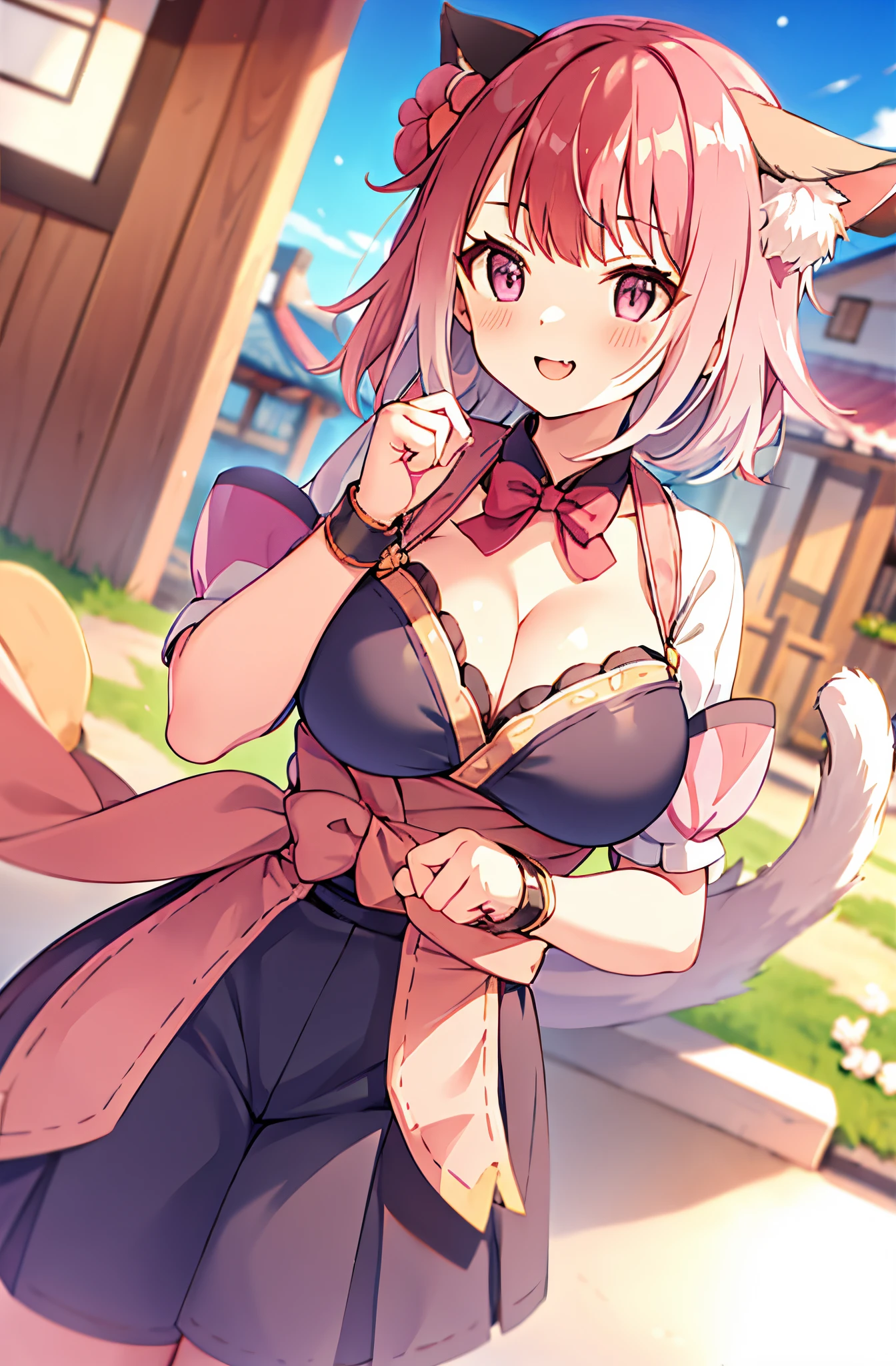 1个Giant Breast Girl,Tamaki,default,komono,catss_hor ears, catss_girl,food,ngel,shop,blossoms,Dark_with pink hair,(gigantic cleavage breasts),lifting her skirt